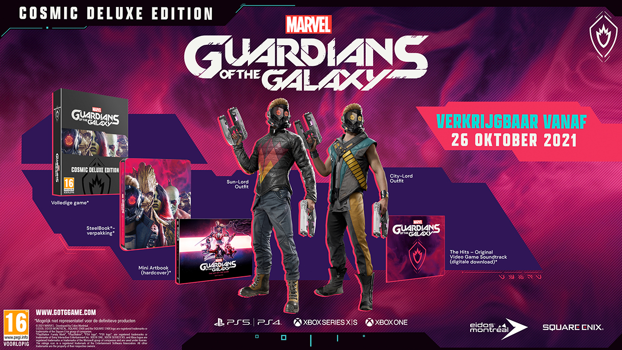 Promotional image for Guardians of the Galaxy game, featuring character art and game box.