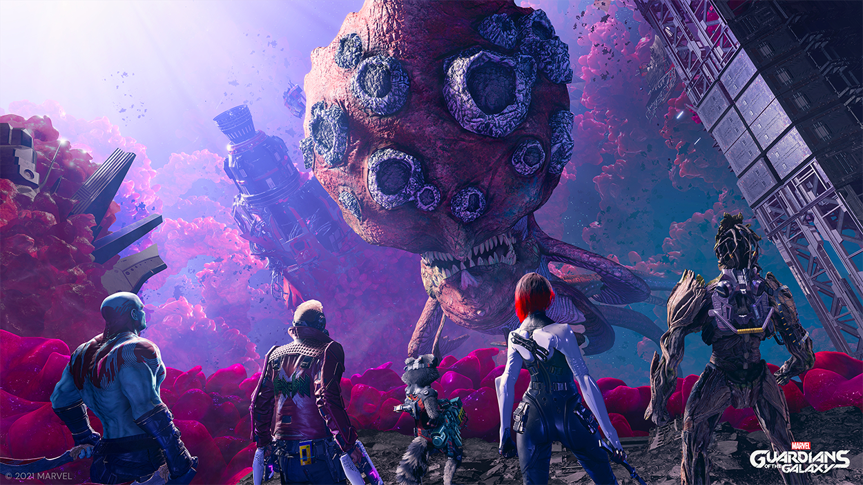 Guardians of the Galaxy-personages staan tegenover een groot, monsterlijk wezen. Paars en roze buitenaards landschap met futuristische structuren.