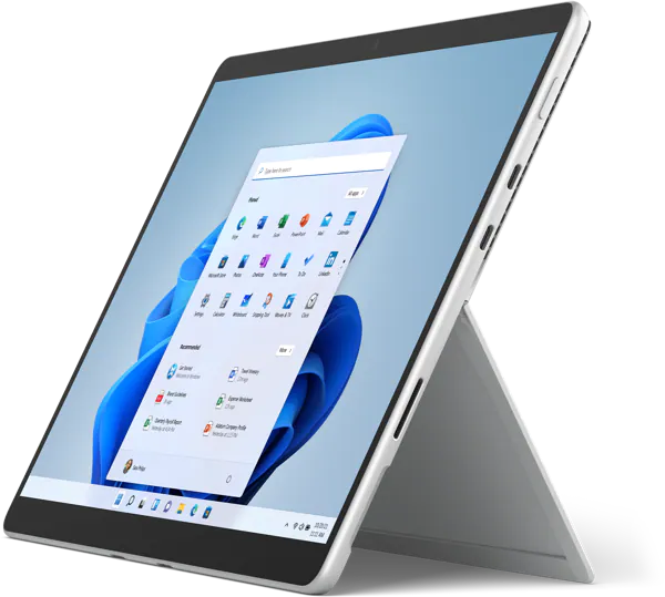 Silbernes Tablet mit einem Bildschirm, der eine Oberfläche anzeigt. Abgewinkelte Ansicht. Weißer Hintergrund.