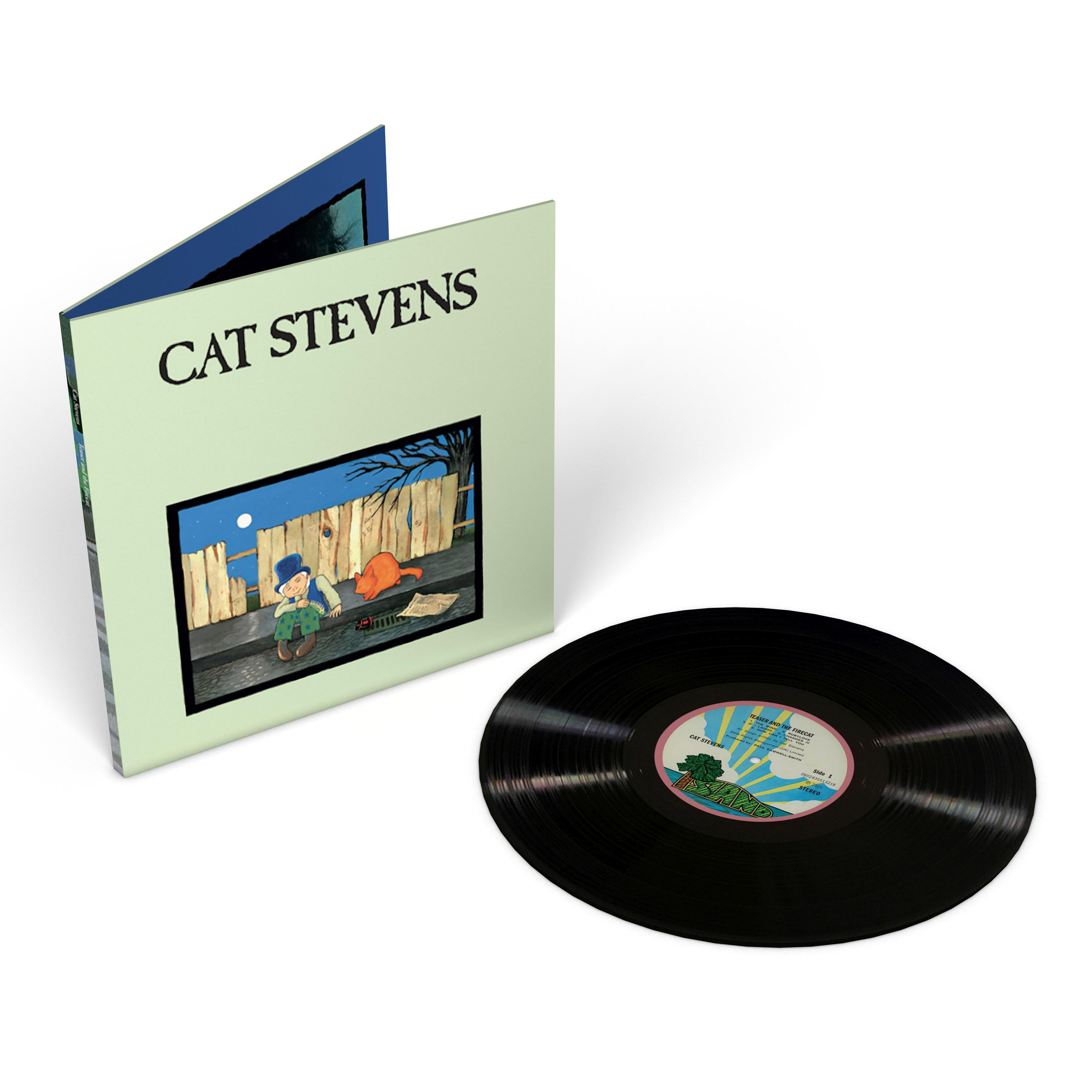 Cat Stevens Albumcover mit Zeichnung eines Jungen und einer Katze auf einem Zaun. Vinyl-Schallplatte rechts.