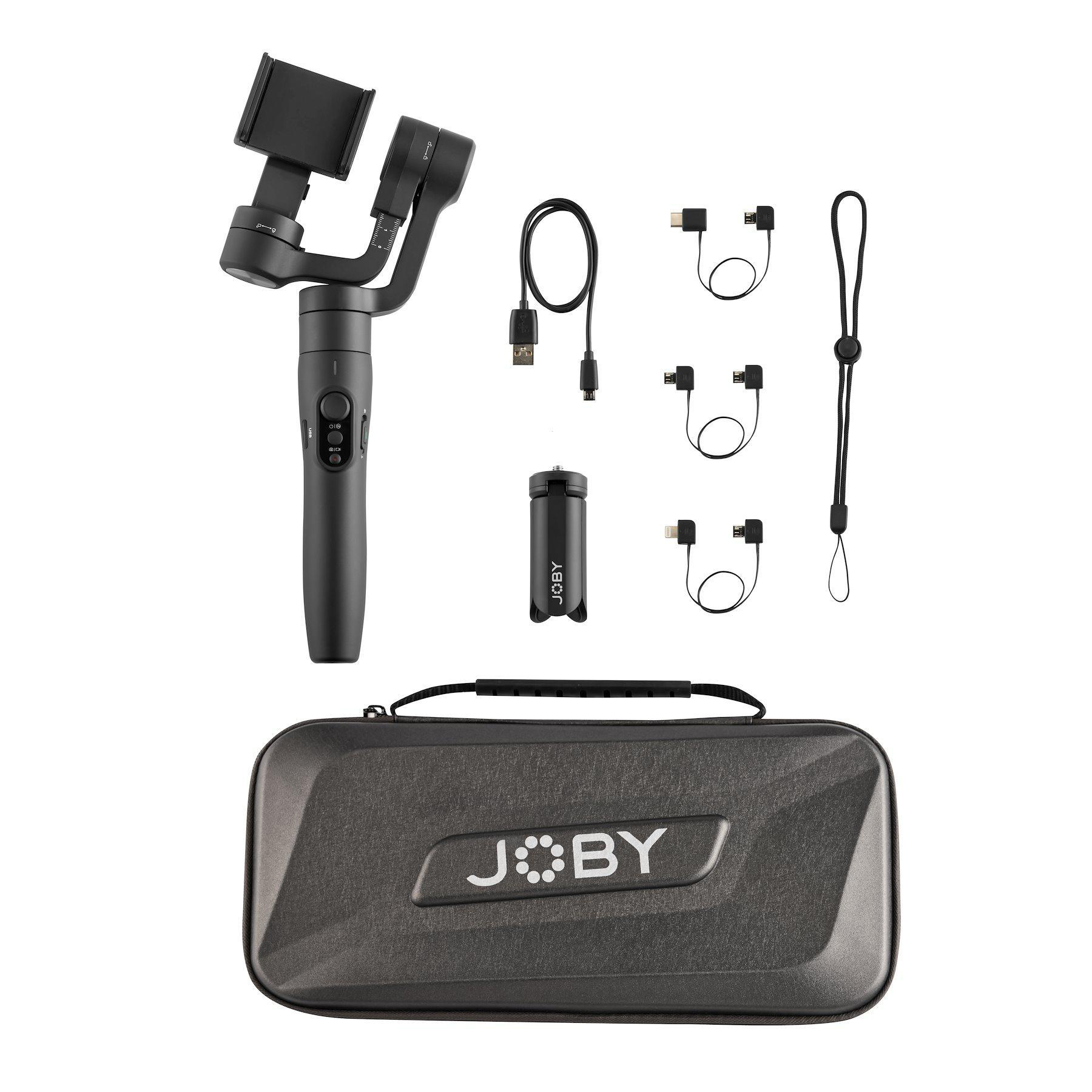 Ein schwarzes Joby Gimbal-Stabilisator-Kit mit Zubehör und einer Tragetasche.