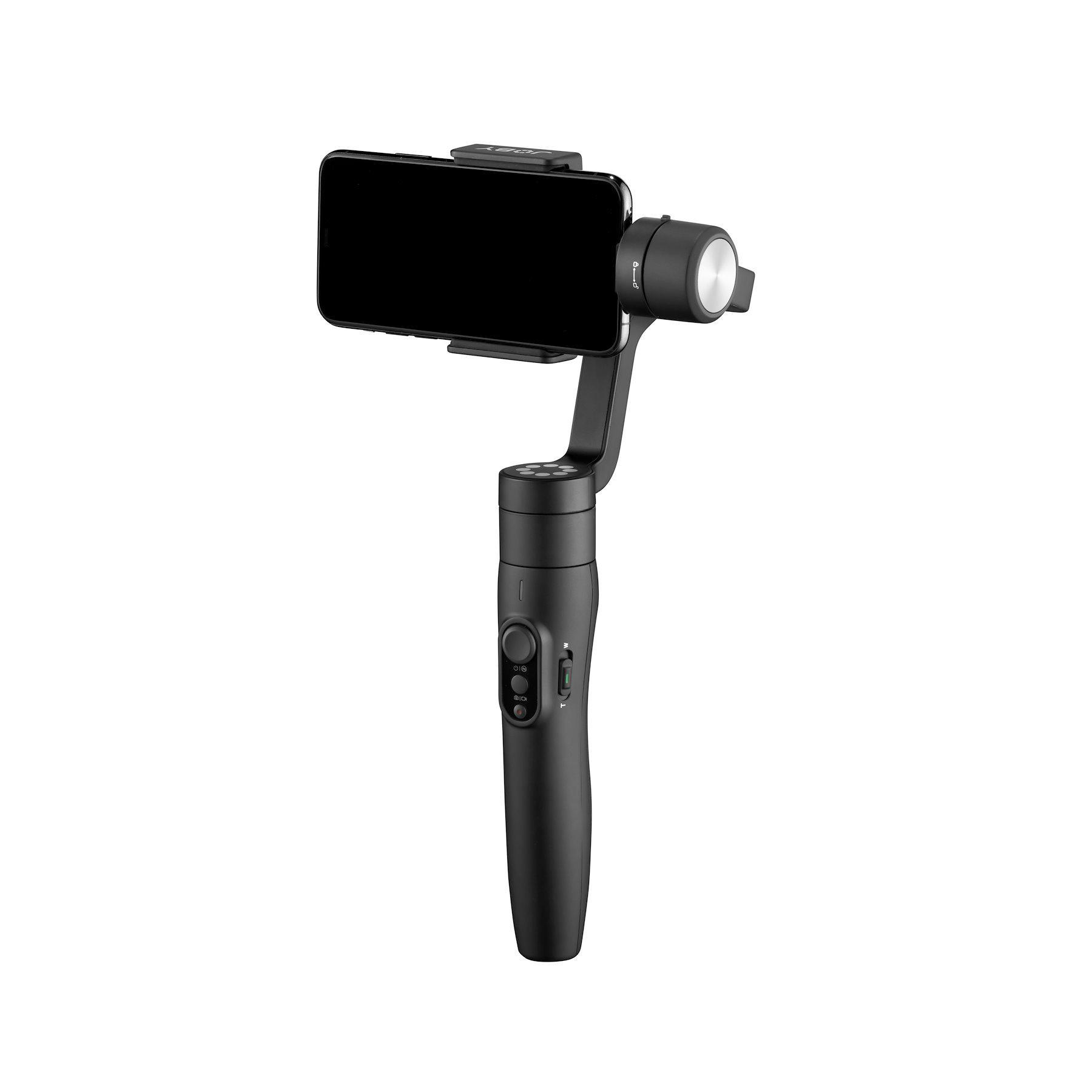 Schwarzer Smartphone-Gimbal mit befestigtem Smartphone. Es hat Knöpfe und einen Griff zur Stabilisierung.