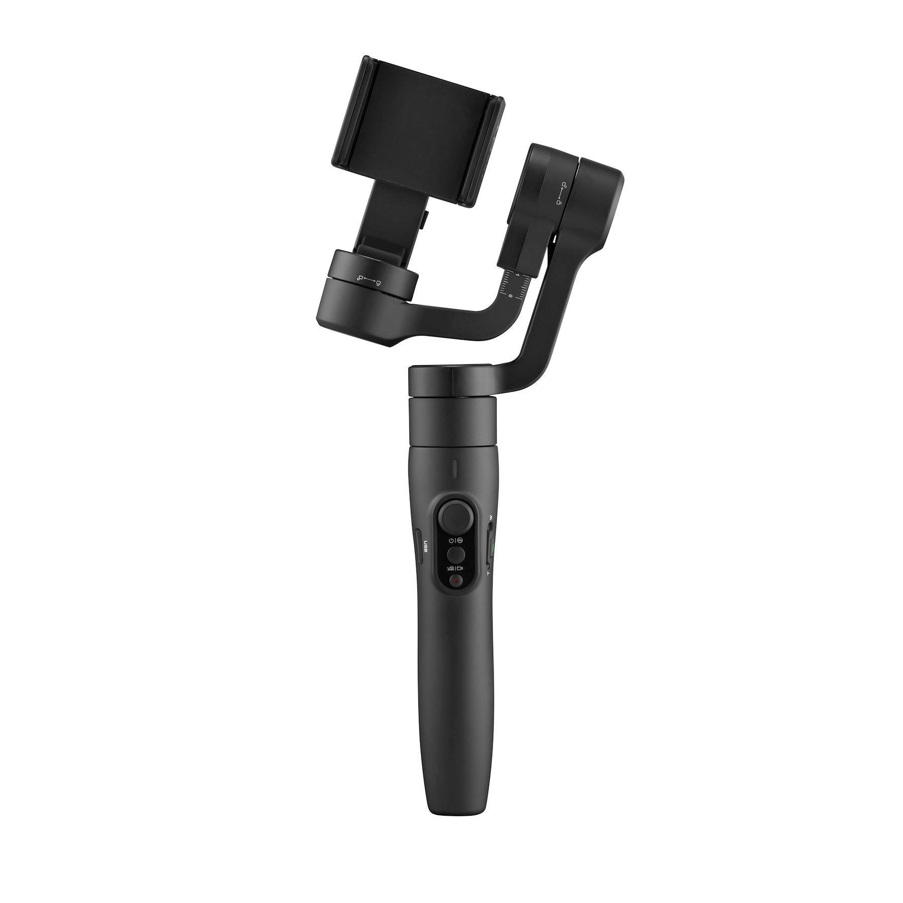 Ein schwarzes Gimbal mit Smartphone-Halter. Es hat einen Griff mit Steuertasten. Weißer Hintergrund.