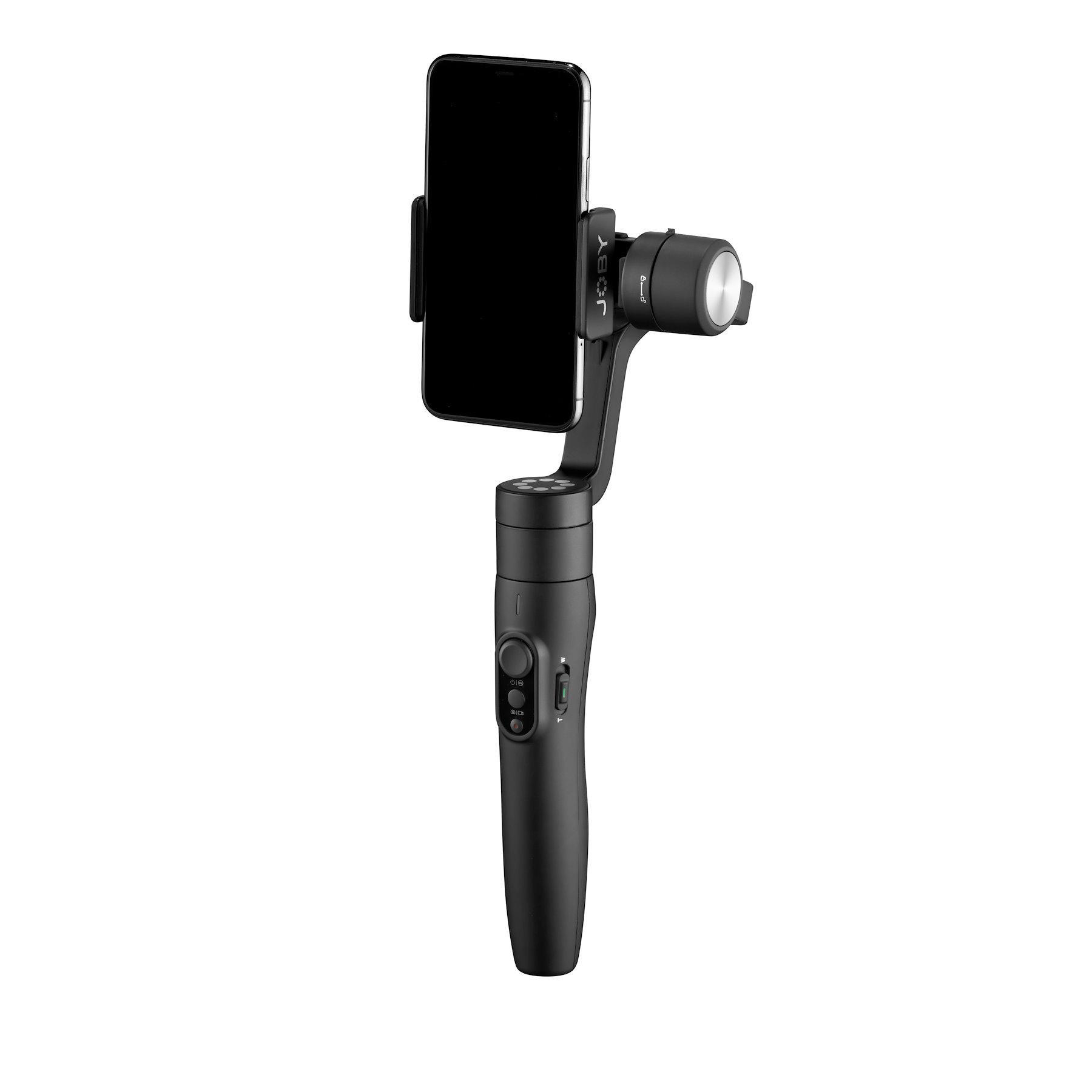 Ein schwarzes Gimbal mit einem Telefon befestigt. Das Telefon zeigt einen schwarzen Bildschirm.