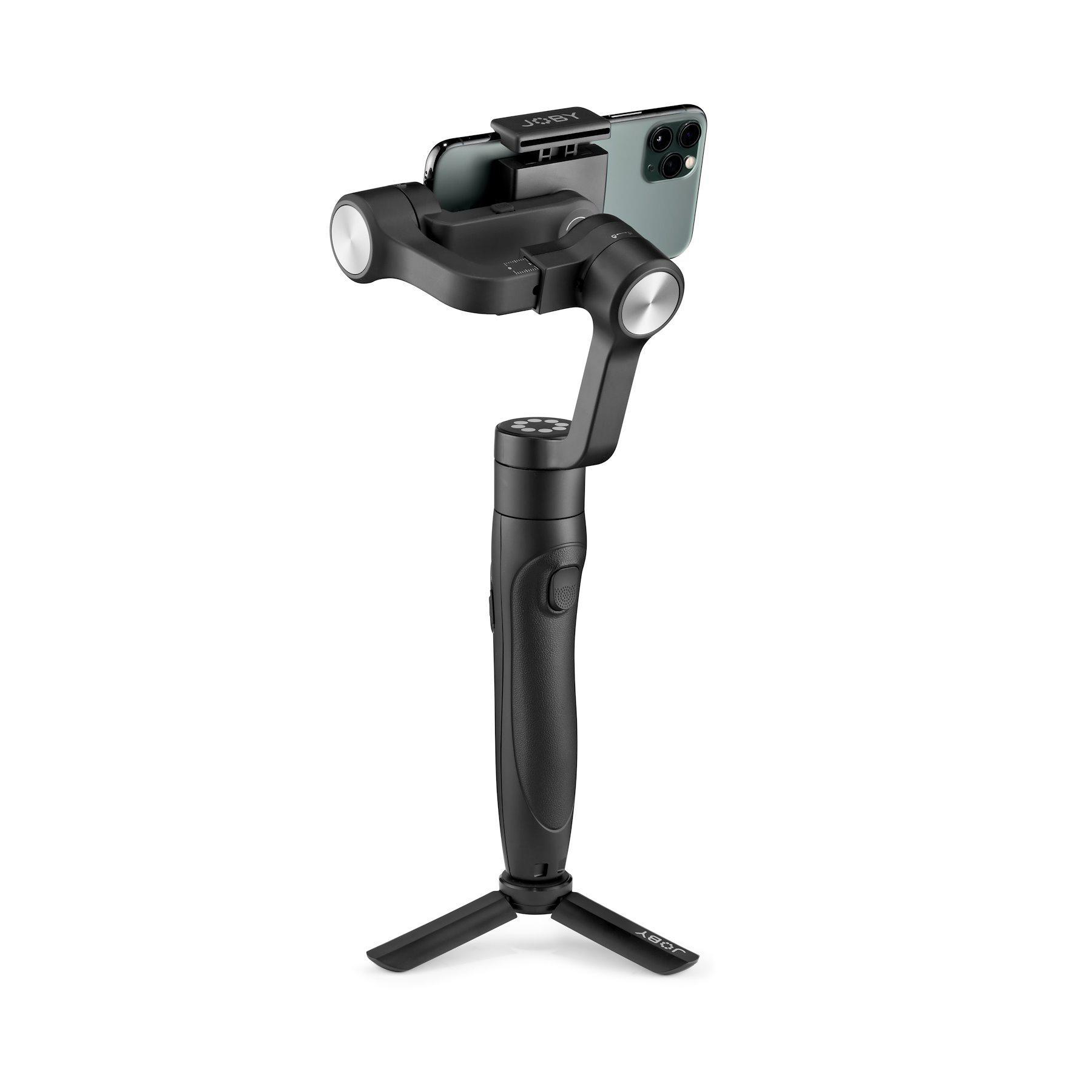 Schwarzer Telefonstabilisator. Ein Telefon ist befestigt. Der Stabilisator hat Griff & Stativ.