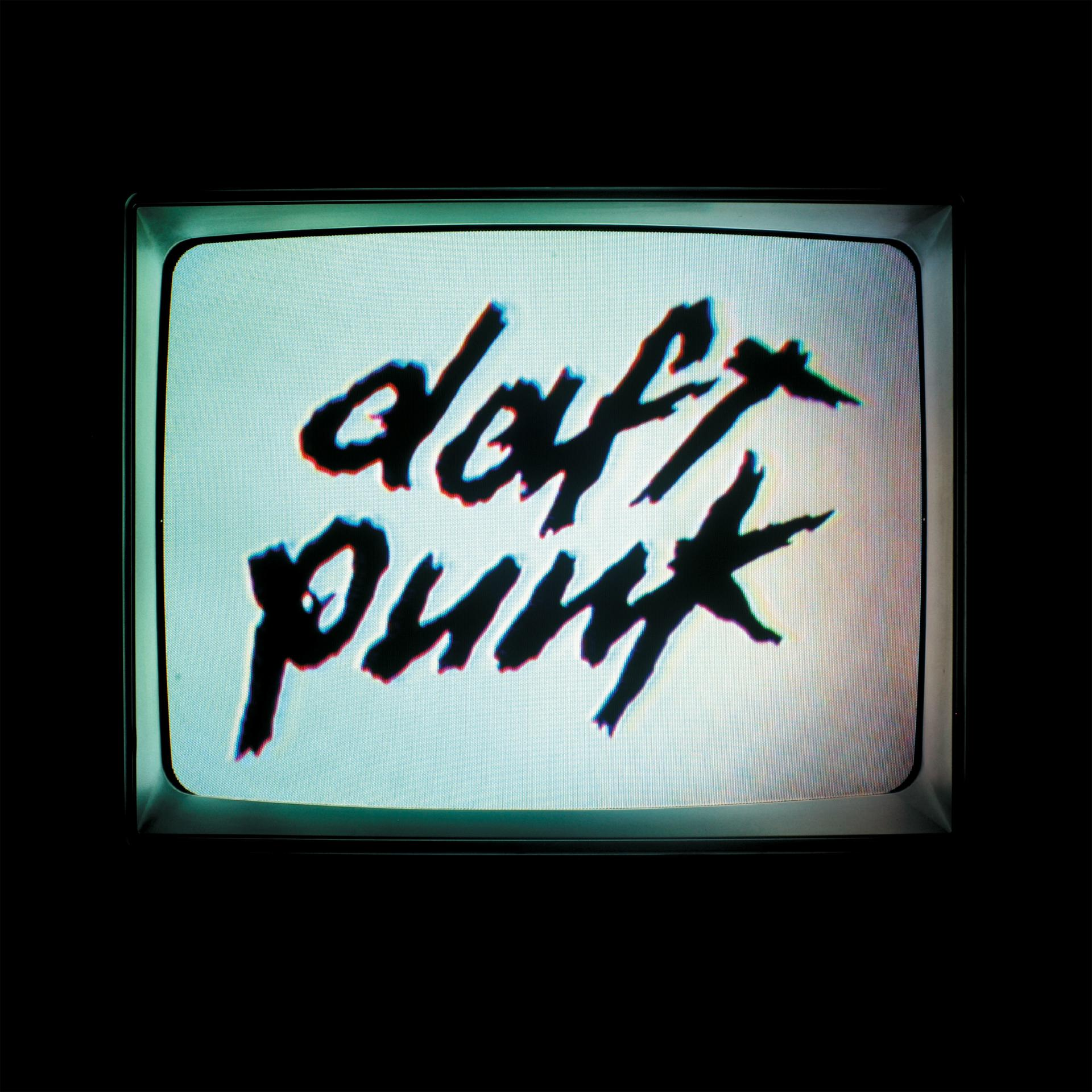 Retro TV képernyő 'daft punk' felirattal, graffitis stílusban, fekete háttéren.