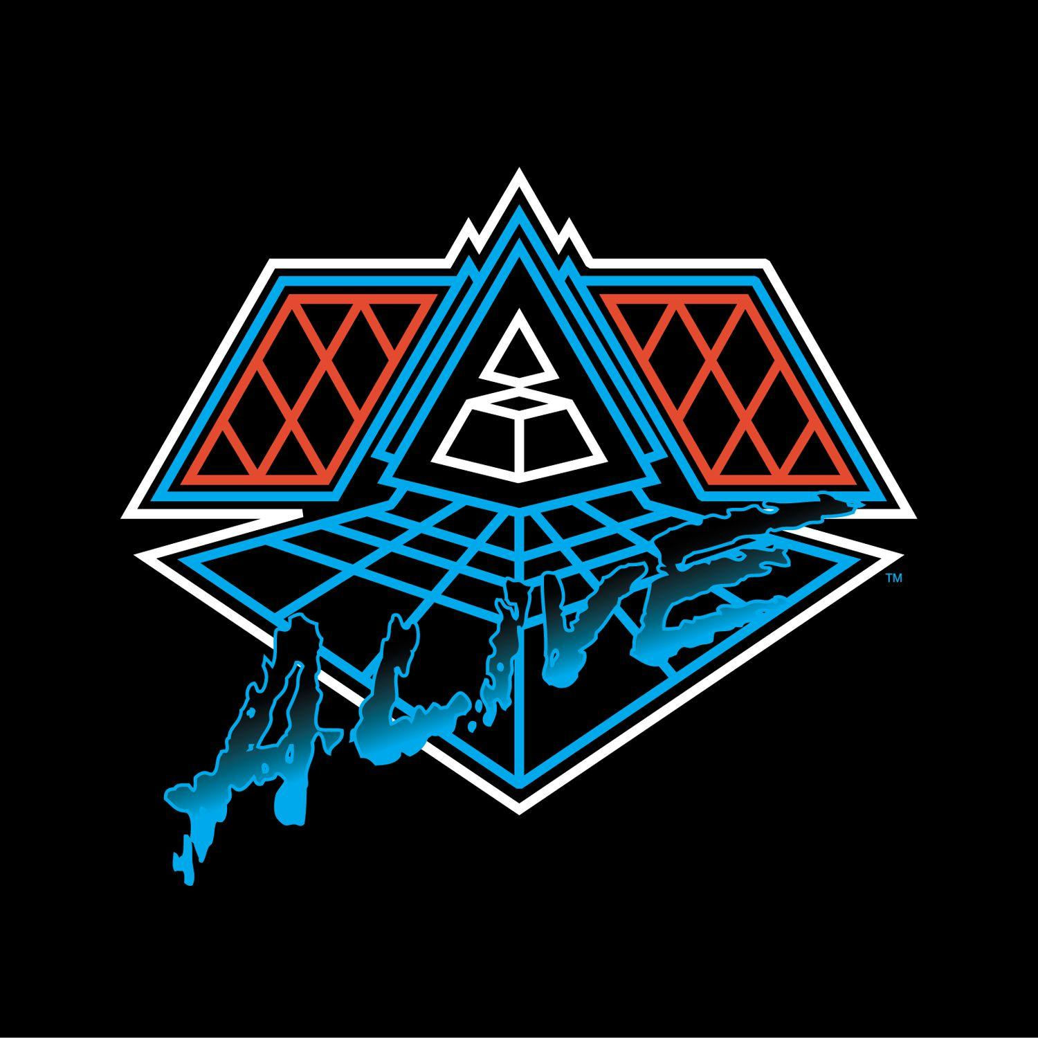 Daft Punk logó: stilizált piramis forma kék és narancssárga vonalakkal és szöveggel.