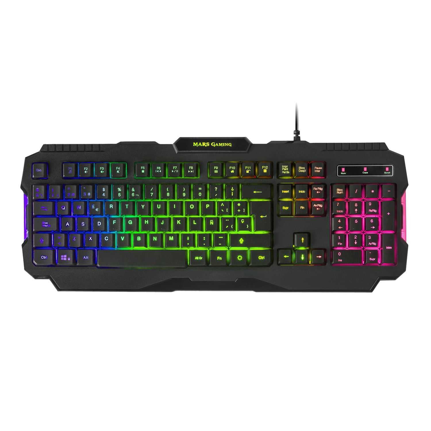 Alfombrilla Gaming Mars mrk0 iluminación rgb abs negro teclado retroiluminado rainbow antighosting layout español keyboard con cable usb qwerty 10