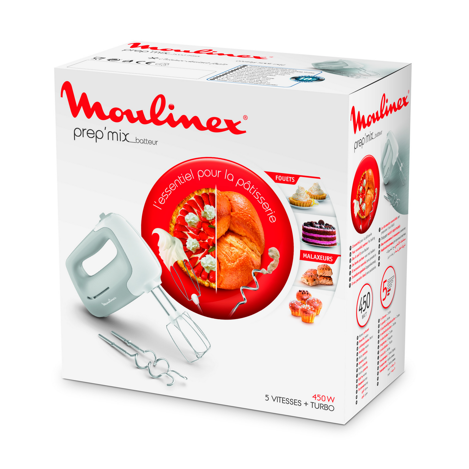 Caja de un Moulinex prep'mix. Muestra una batidora de mano e imágenes de pasteles e ingredientes.