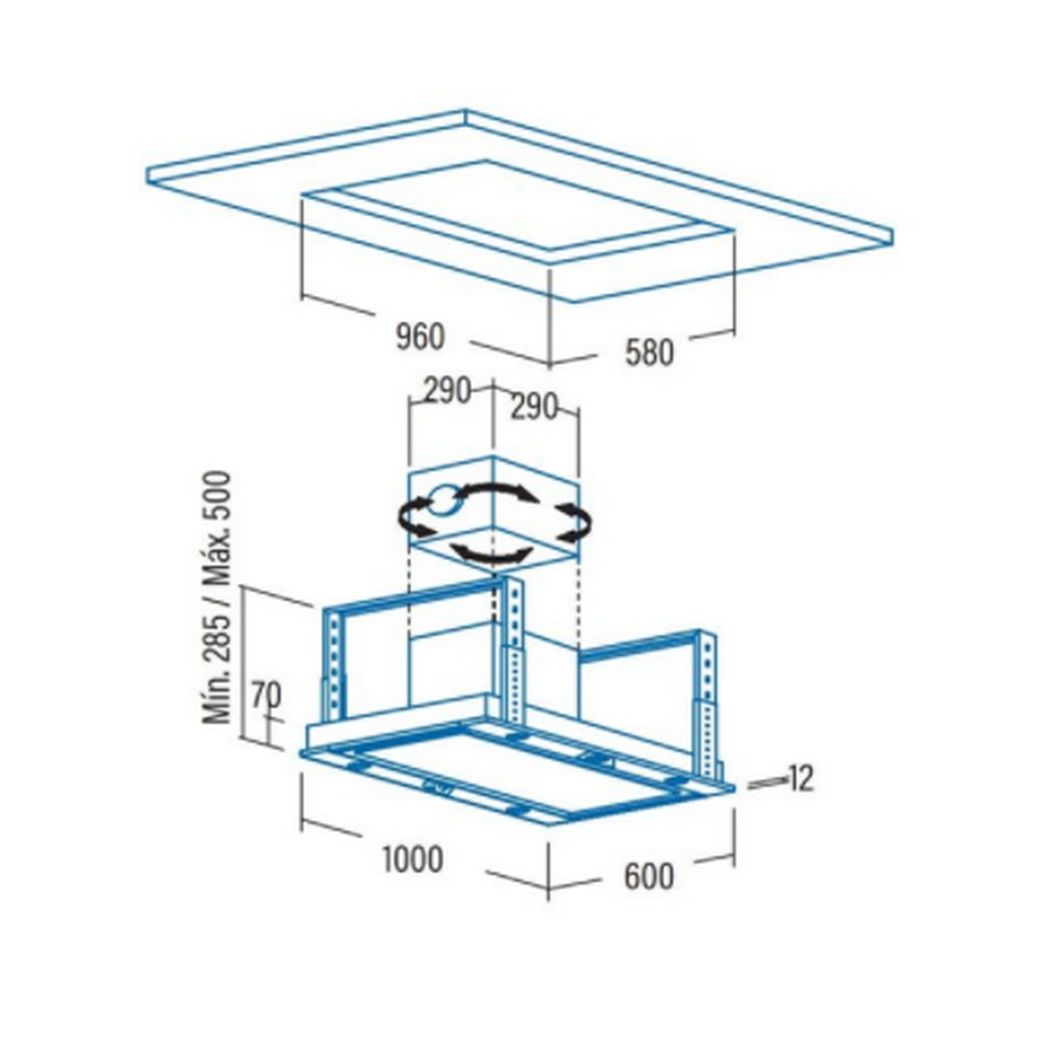 Dibujo técnico de una campana de cocina con dimensiones y vistas en perspectiva.