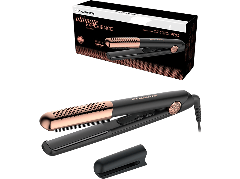 Plancha de pelo  Rowenta SF4620F0 Express Shine, Revestimiento de Papaya,  Placas de cerámica, 8 temp., Hasta 210 °C, Liss & Curl, Negro y albaricoque