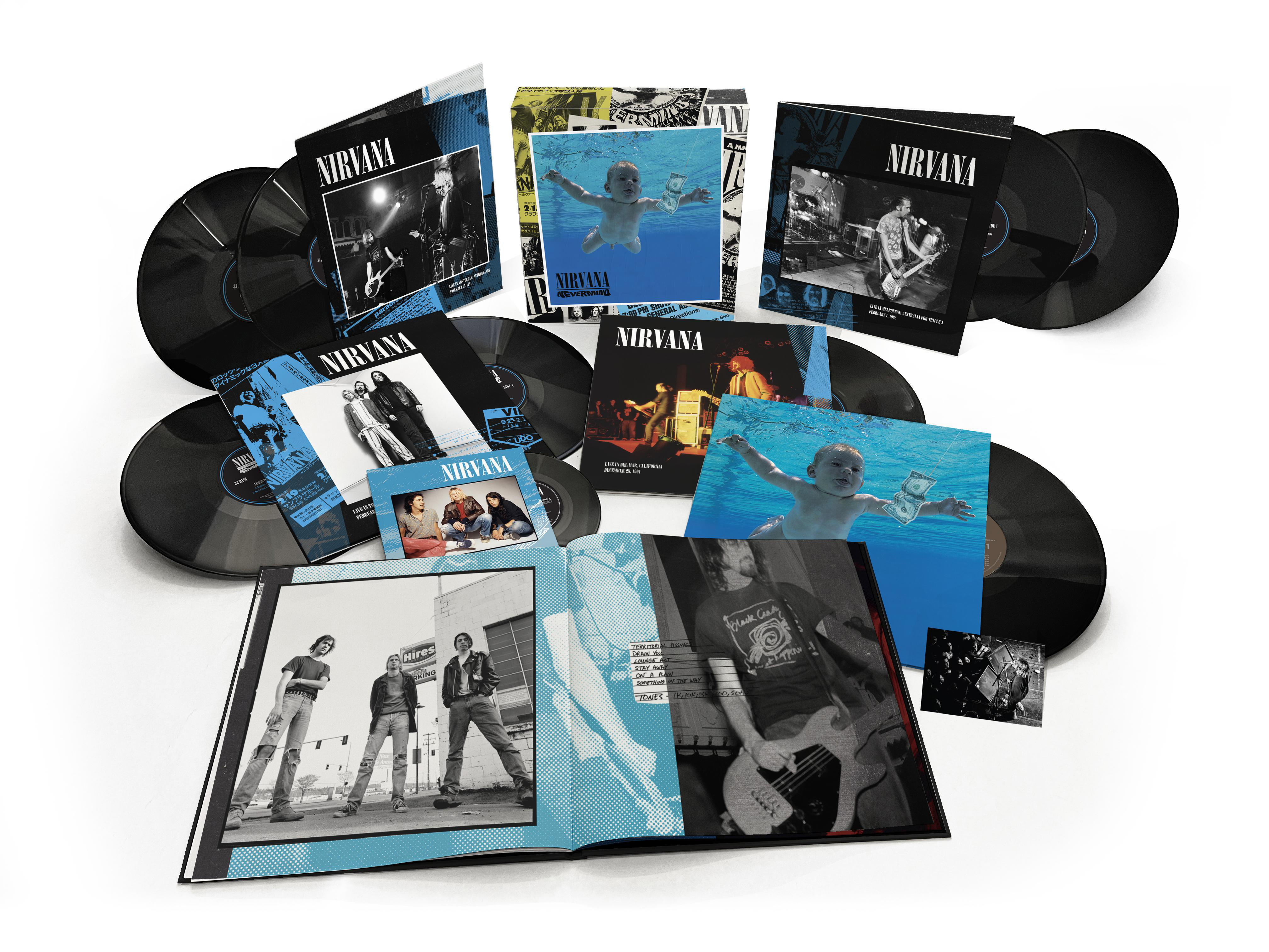 Nirvana Vinyl-Box-Set mit mehreren Schallplatten, Booklet und Albumcovern auf weißer Oberfläche.