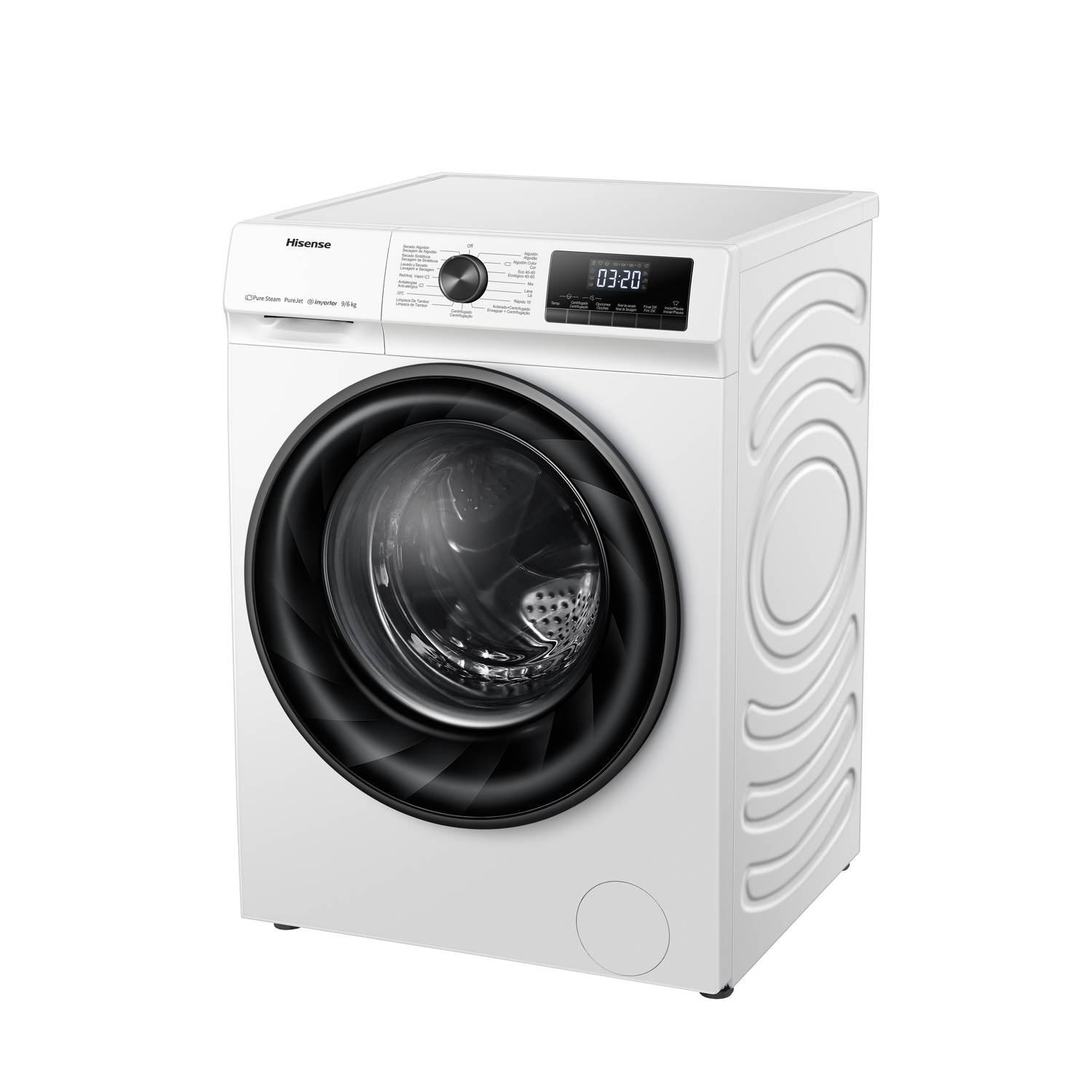 Una lavadora blanca con puerta negra y panel de control en la parte superior.