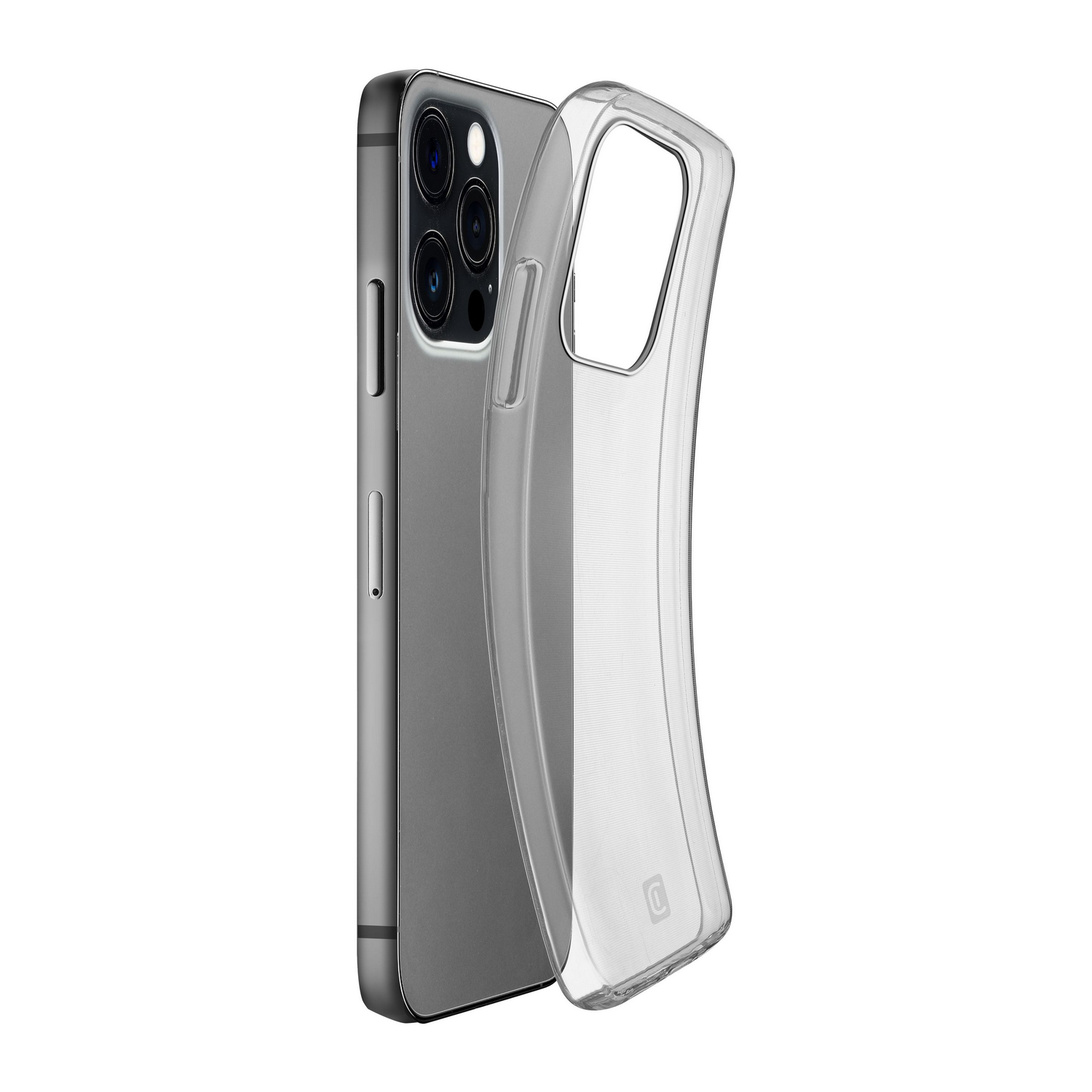 Un teléfono con funda transparente, la funda está separada, mostrando el teléfono con múltiples cámaras.