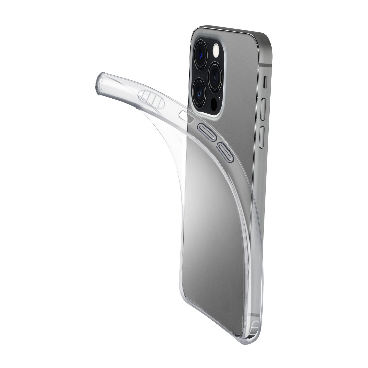 Funda transparente para teléfono en un teléfono. La funda se curva hacia afuera, mostrando la parte trasera y la cámara del teléfono.