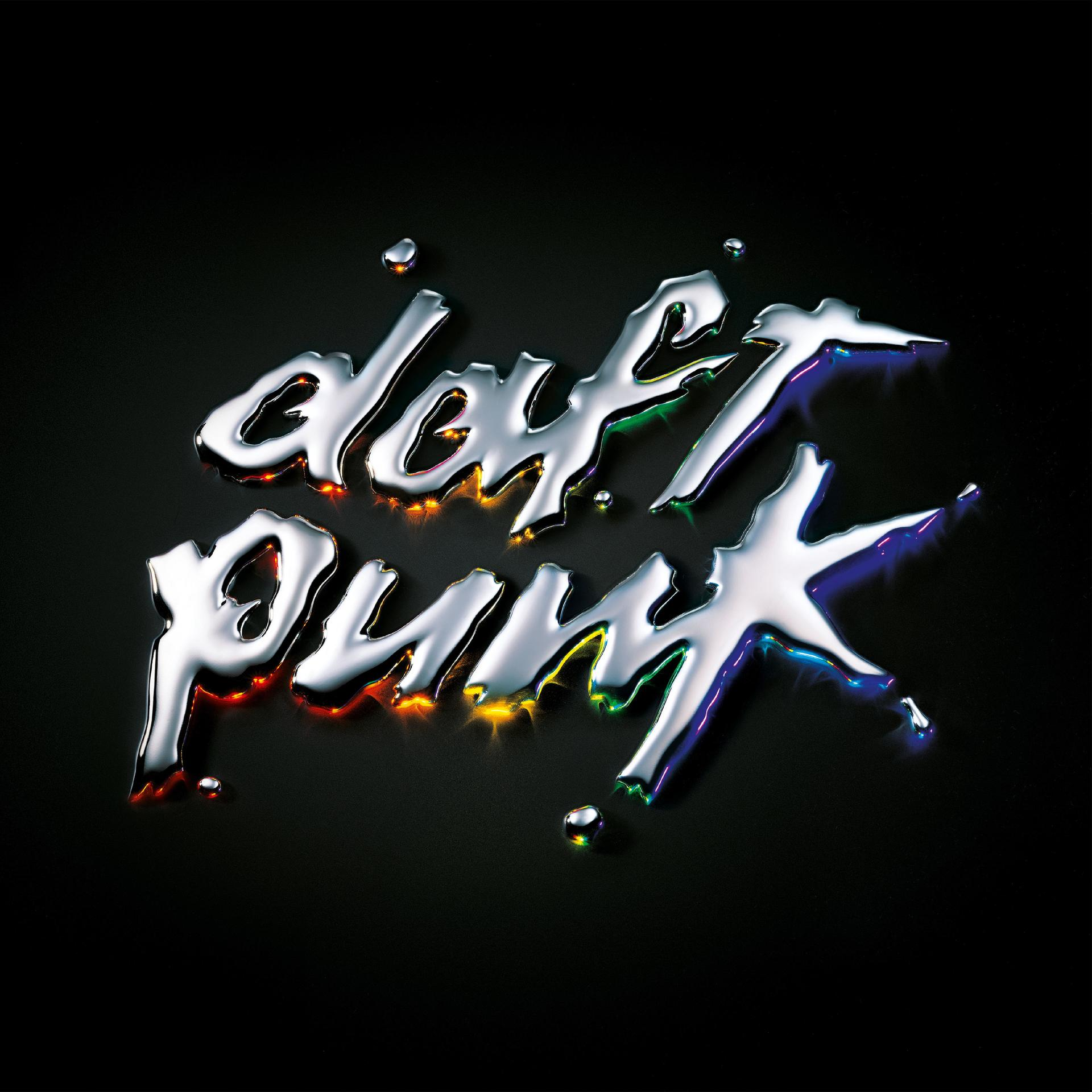 Daft Punk Logo auf schwarzem Hintergrund. Silbernes, flüssiges Aussehen.