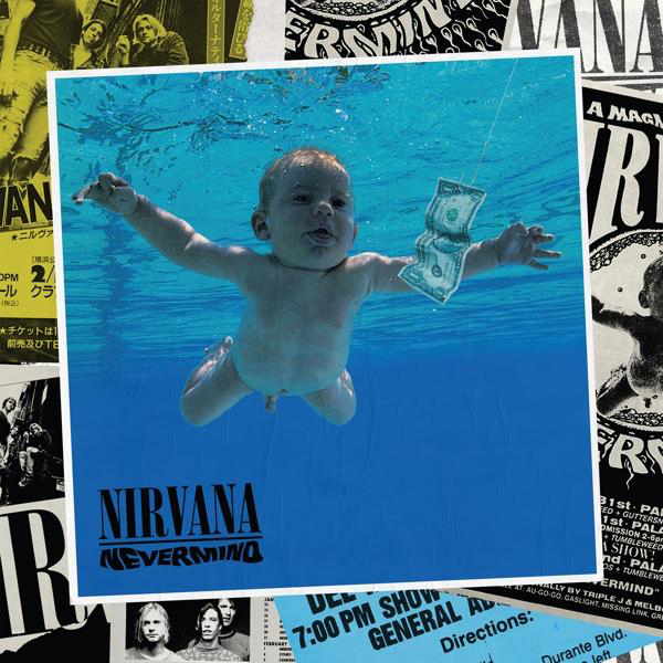 Albumcover von Nirvanas Nevermind. Ein Baby schwimmt unter Wasser mit Geld. Poster im Hintergrund.