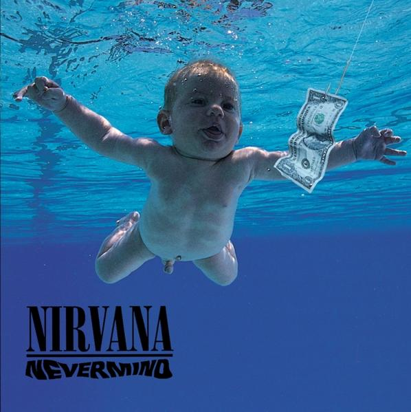 Albumcover: Nirvanas 'Nevermind', Baby unter Wasser greift nach Dollar.