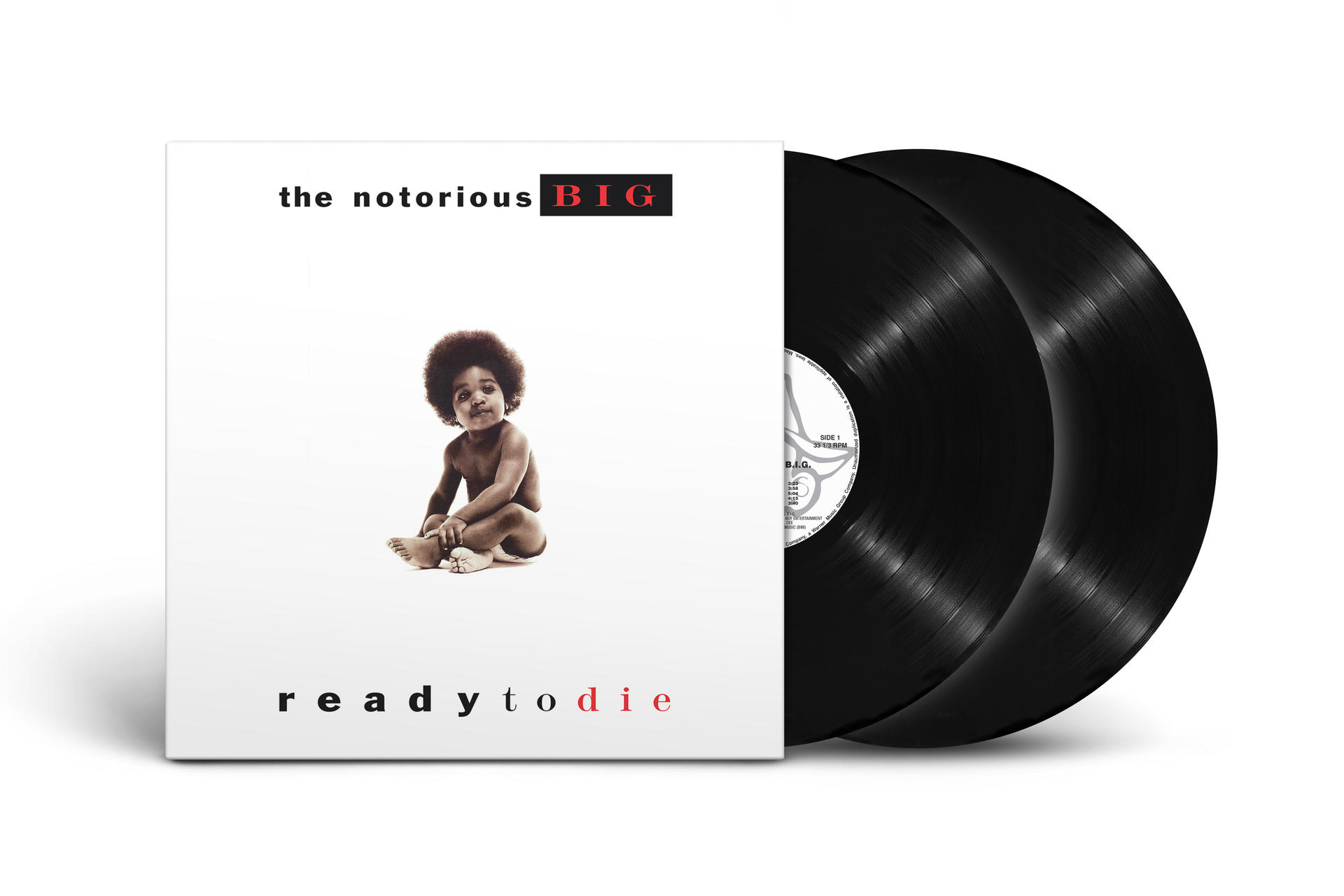 Albumcover von The Notorious B.I.G.s Ready to Die. Ein Baby sitzt auf weißem Cover. Zwei schwarze Schallplatten.
