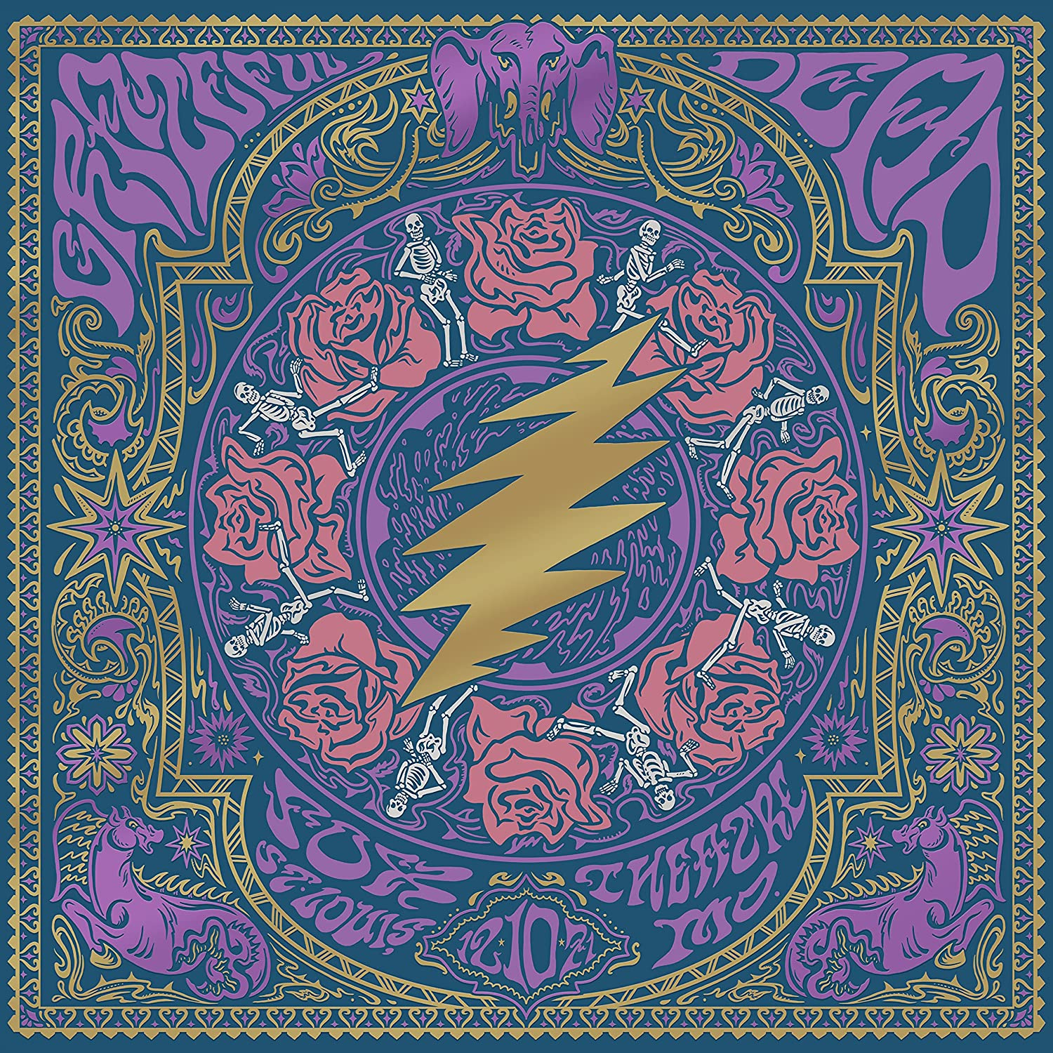 Színes Grateful Dead dizájn villámmal és rózsákkal.