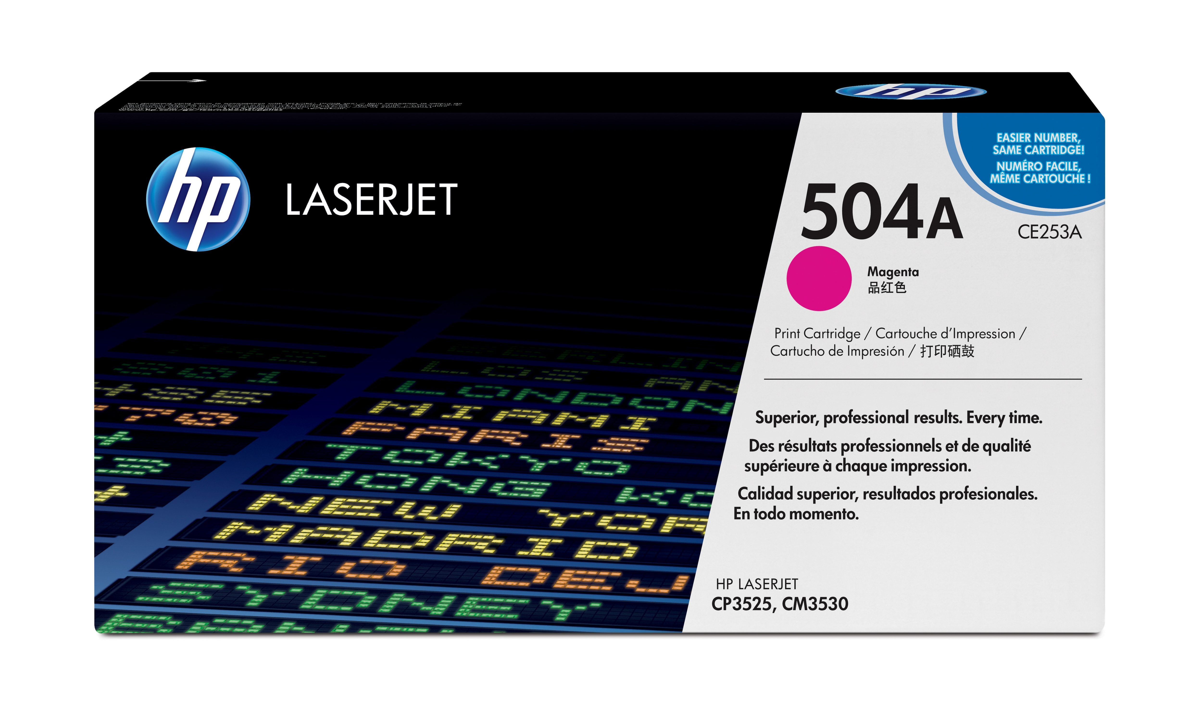 HP LaserJet 504A Magenta-Tintenpatronenbox. Text sagt 'Überlegene, professionelle Ergebnisse. Jedes Mal'.