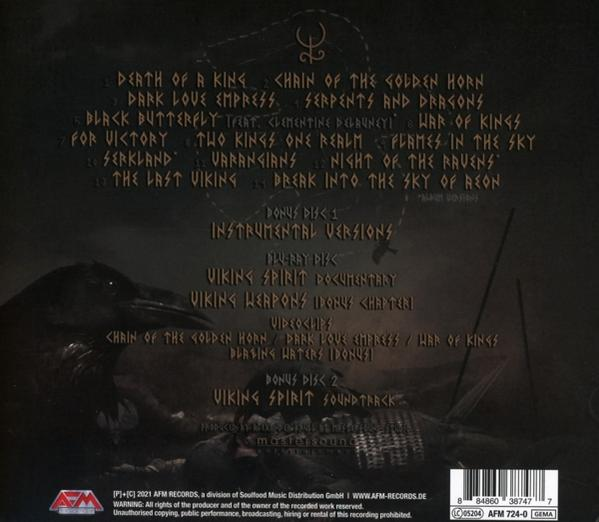 Album-Rückseite, mit Titelliste, Logos und Text. Dunkler Hintergrund.