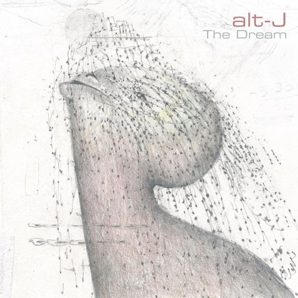 Abstrakte Zeichnung einer Figur mit dunklen Linien, die von oben herabfallen. "alt-J The Dream" oben rechts.