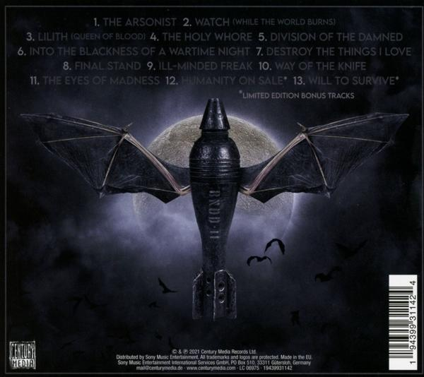 CD-Cover: Dunkel, mit fledermausflügeliger Bombe. Liedtextliste mit Titeln.