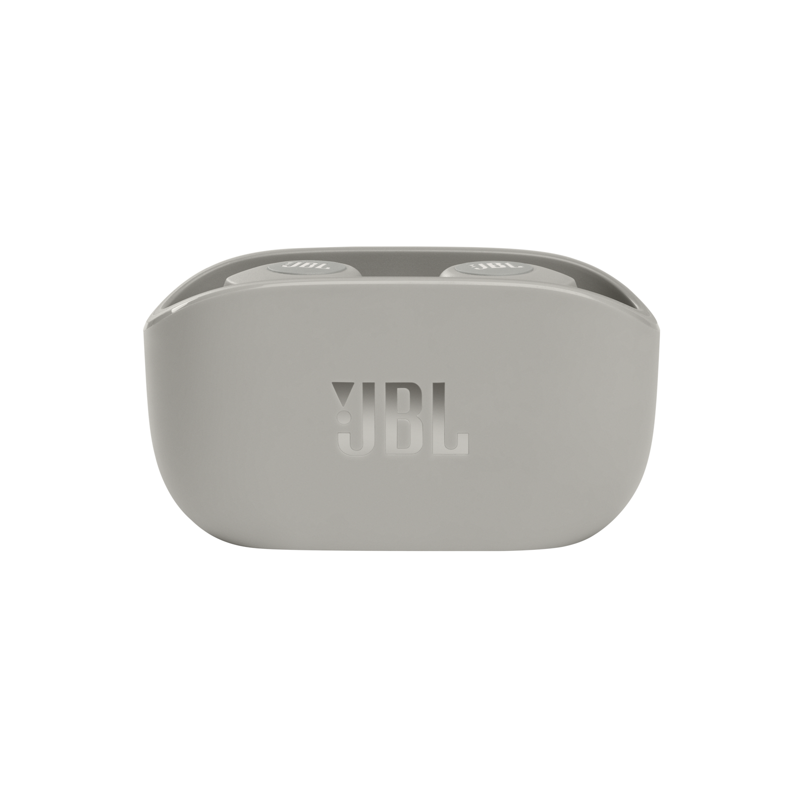 Gri JBL kulaklıklar gri bir kılıf içinde. JBL logosu belirgin bir şekilde görüntüleniyor.