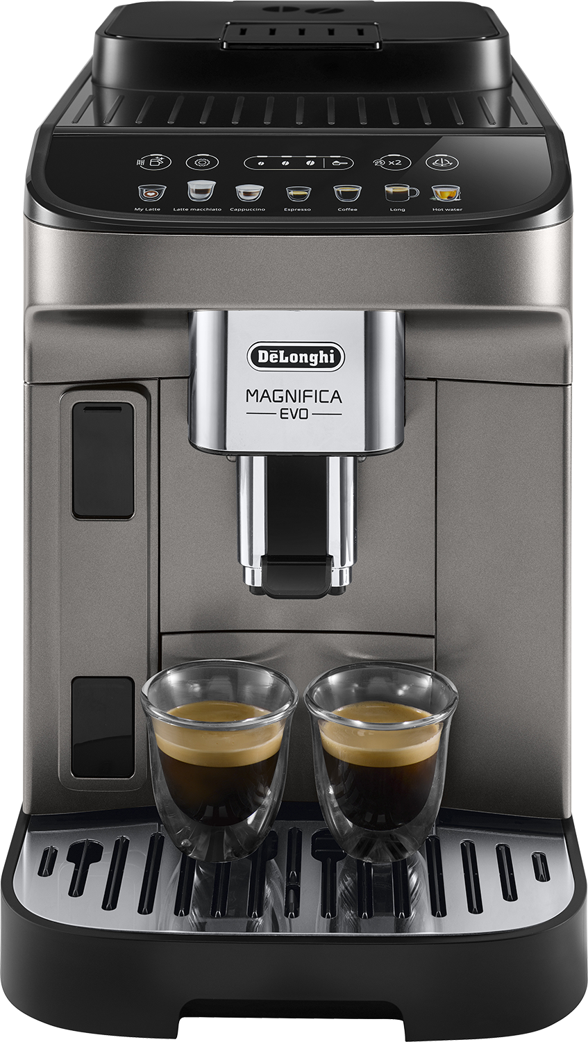 DeLonghi koffiemachine, grijze afwerking met twee espressoglazen en bedieningspaneel bovenop.