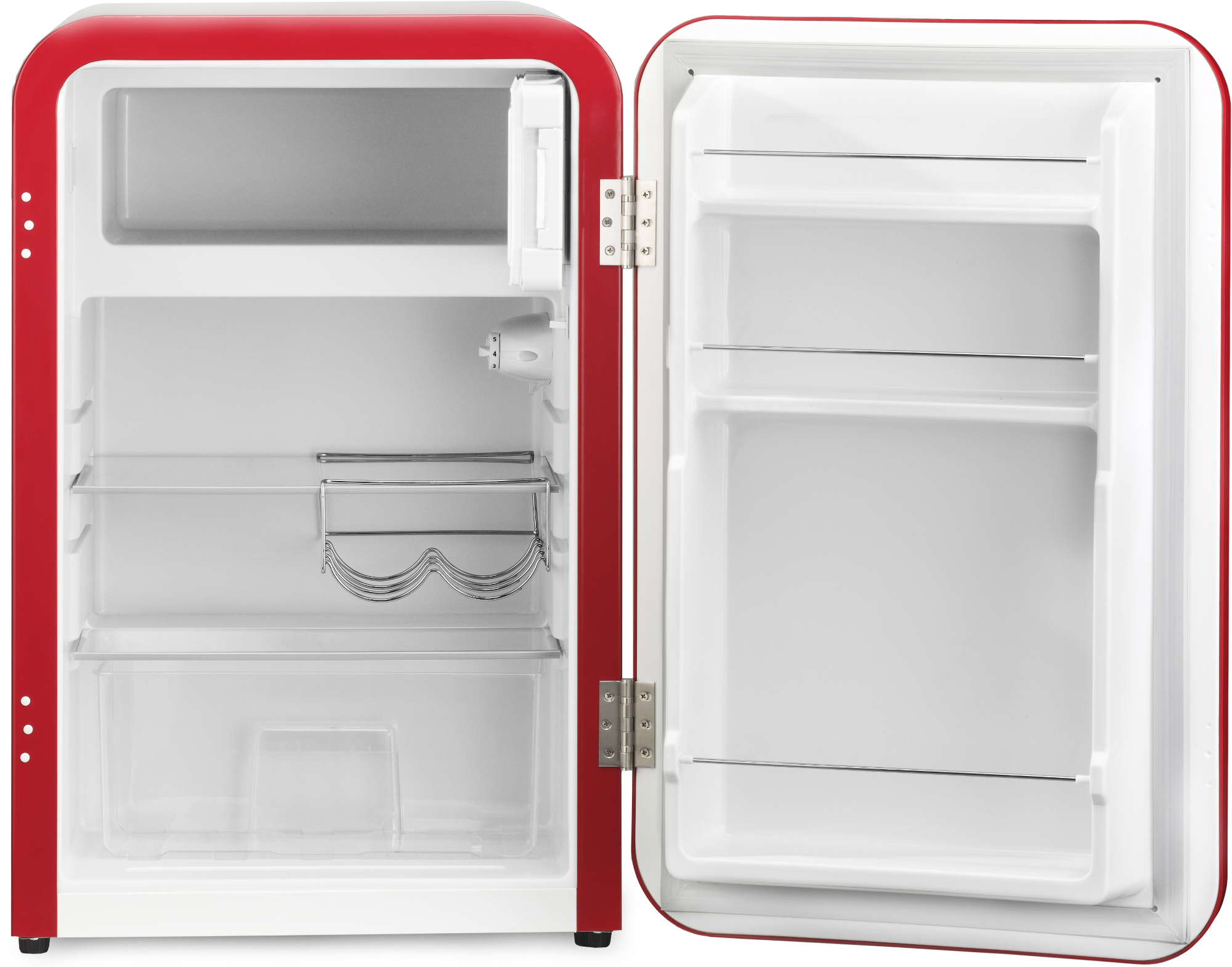 Roter Mini-Kühlschrank im Retro-Stil, Tür offen. Weißer Innenraum, Regale und Weinregal sichtbar.
