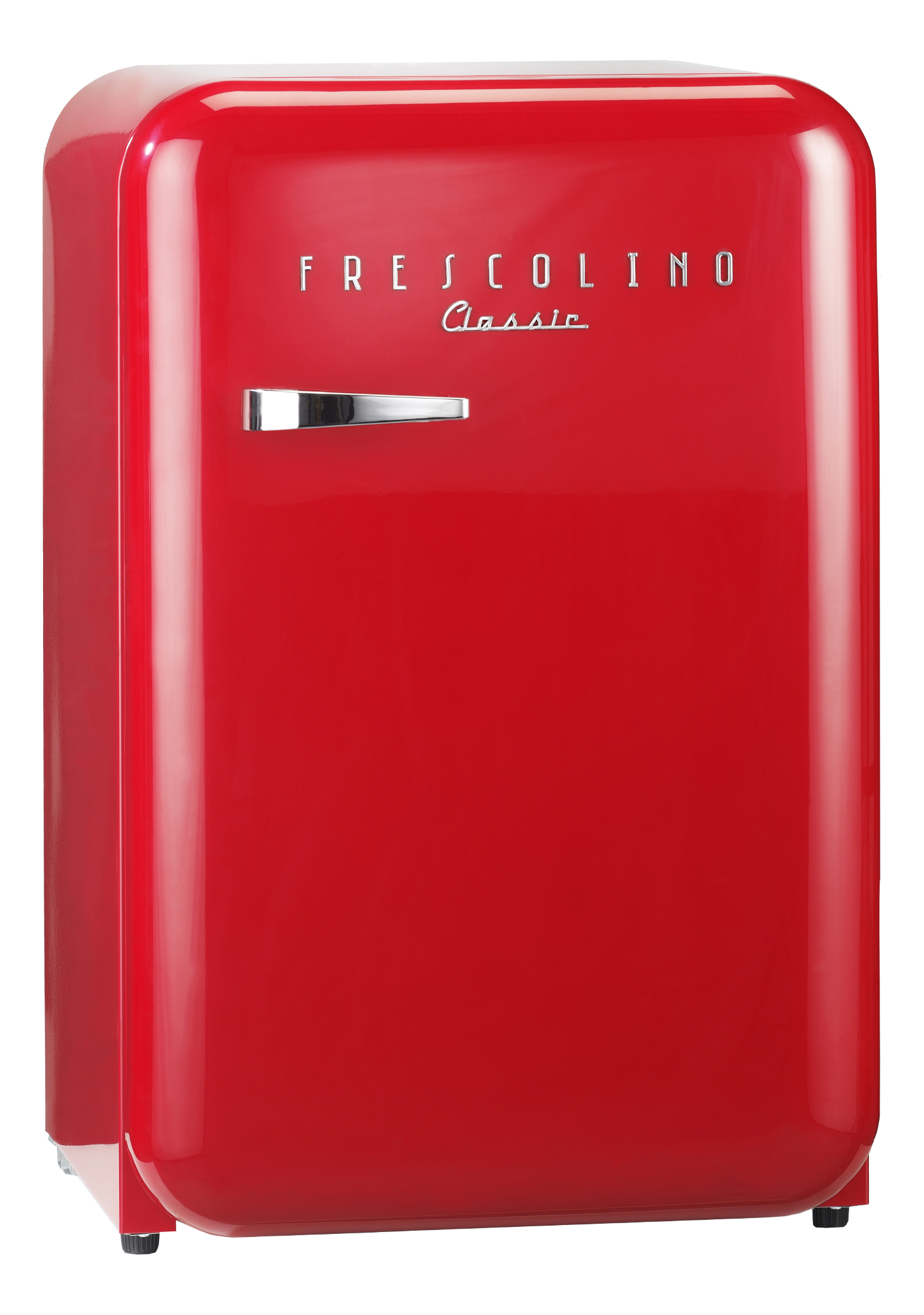 Ein roter Kühlschrank im Retro-Design. Er trägt den Schriftzug „FRESCOLINO Classic“ auf der Vorderseite.