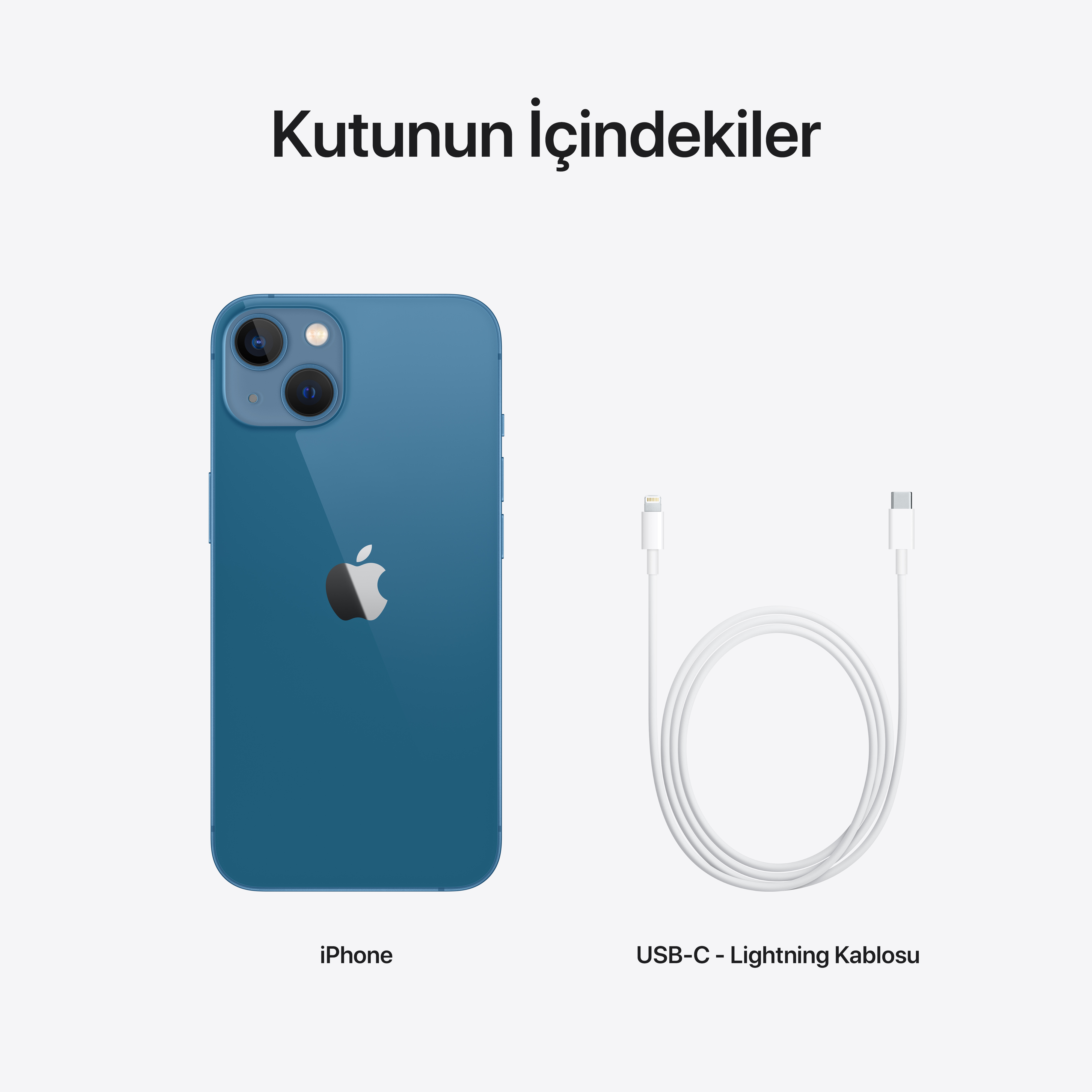 iPhone ve USB-C kablosu. Metin kutunun içeriğini söylüyor. iPhone mavi.