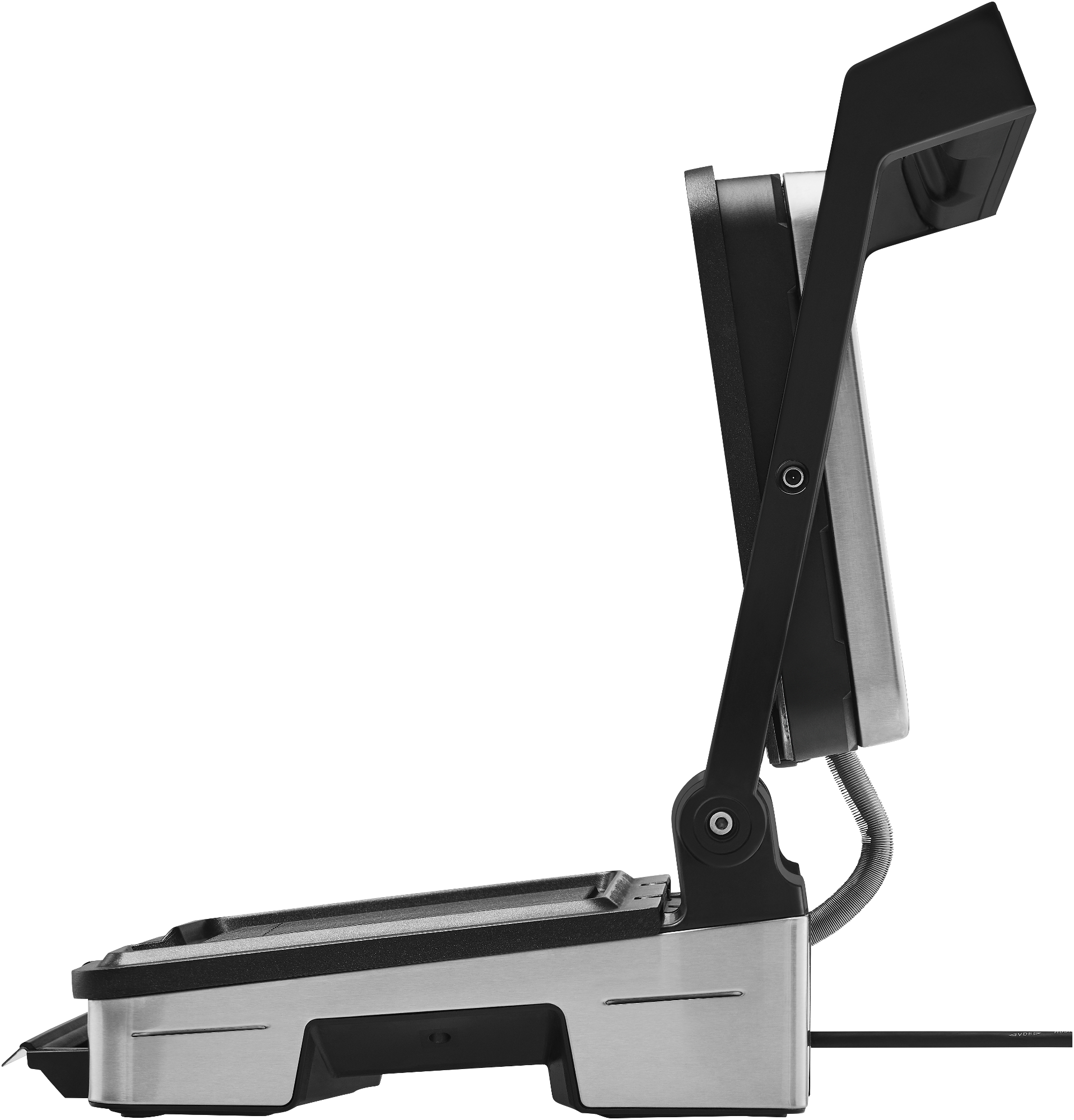 Seitenansicht eines silber-schwarzen Grills mit geöffneter Oberseite, zeigt die Kochfläche.