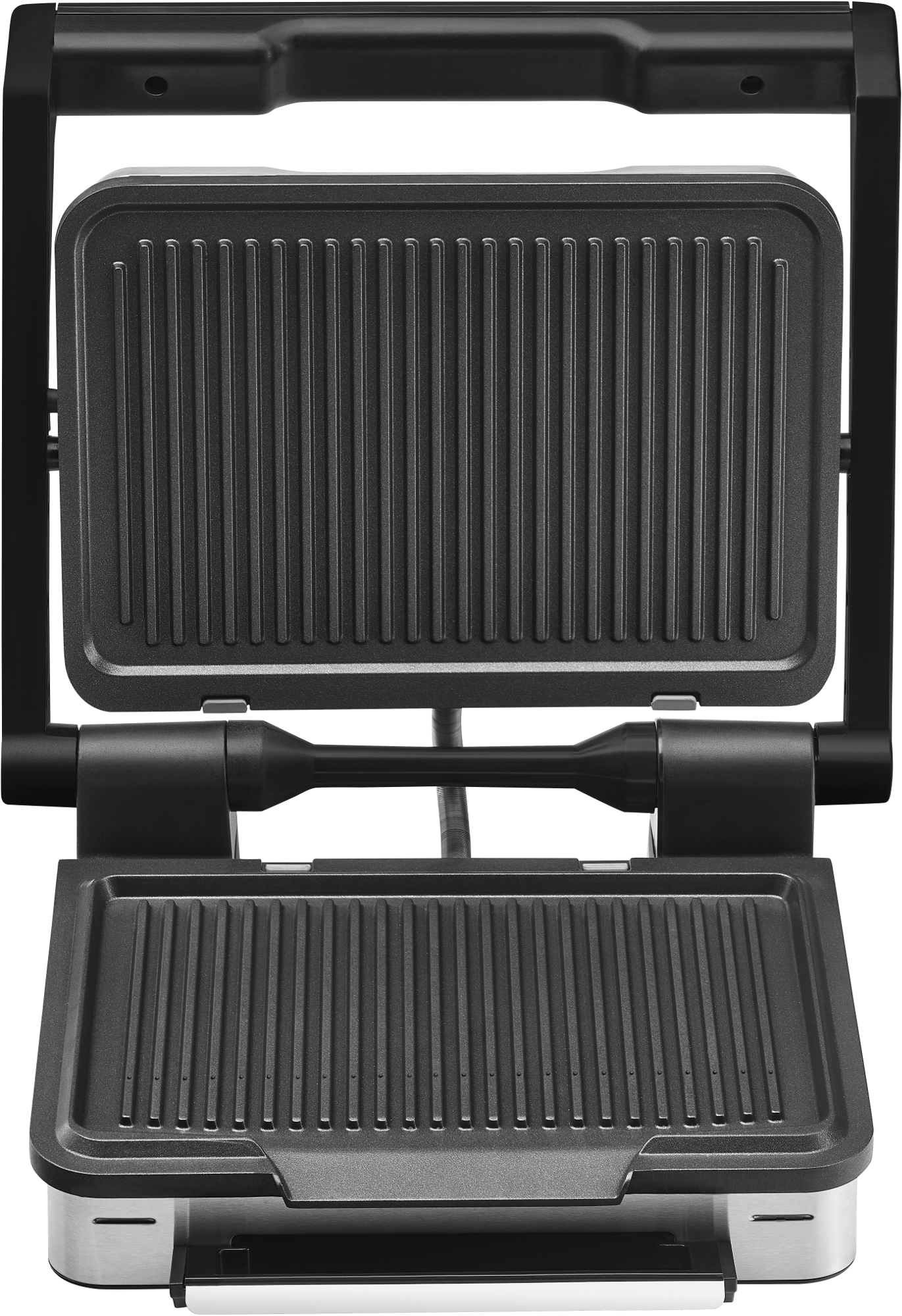 Eine offene, schwarze Sandwichpresse mit Grillplatten. Sie wird auf einer weißen Oberfläche gezeigt.