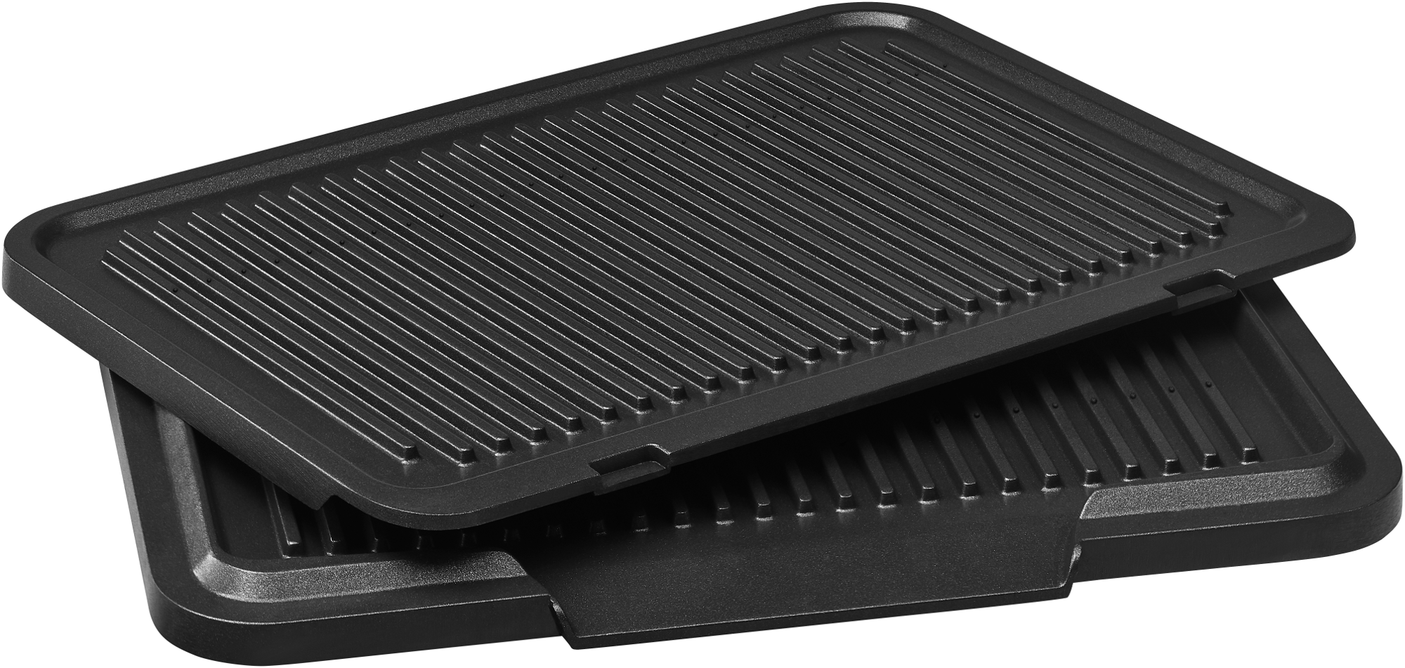 Schwarze Grillplatten, eine über der anderen, mit Rillen, schwarze Farbe.