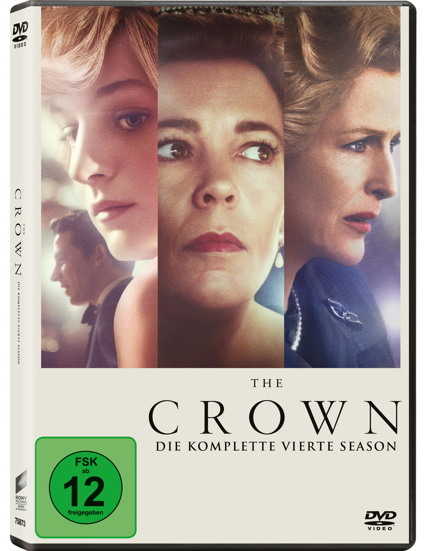 DVD-Hülle mit drei Gesichtern aus 'The Crown'.