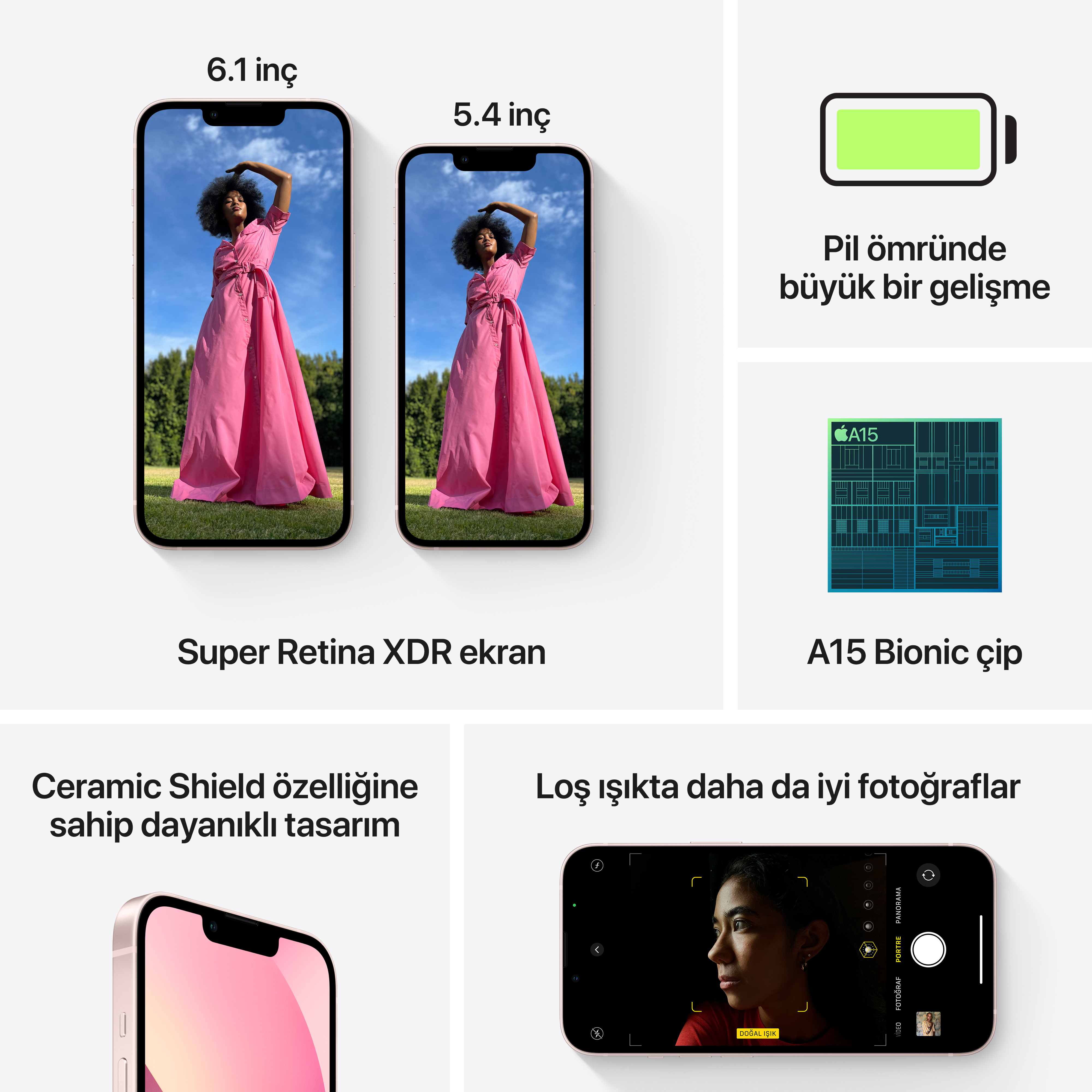 Telefonun ekranını ve diğer özelliklerini gösteren bir telefon reklamı.