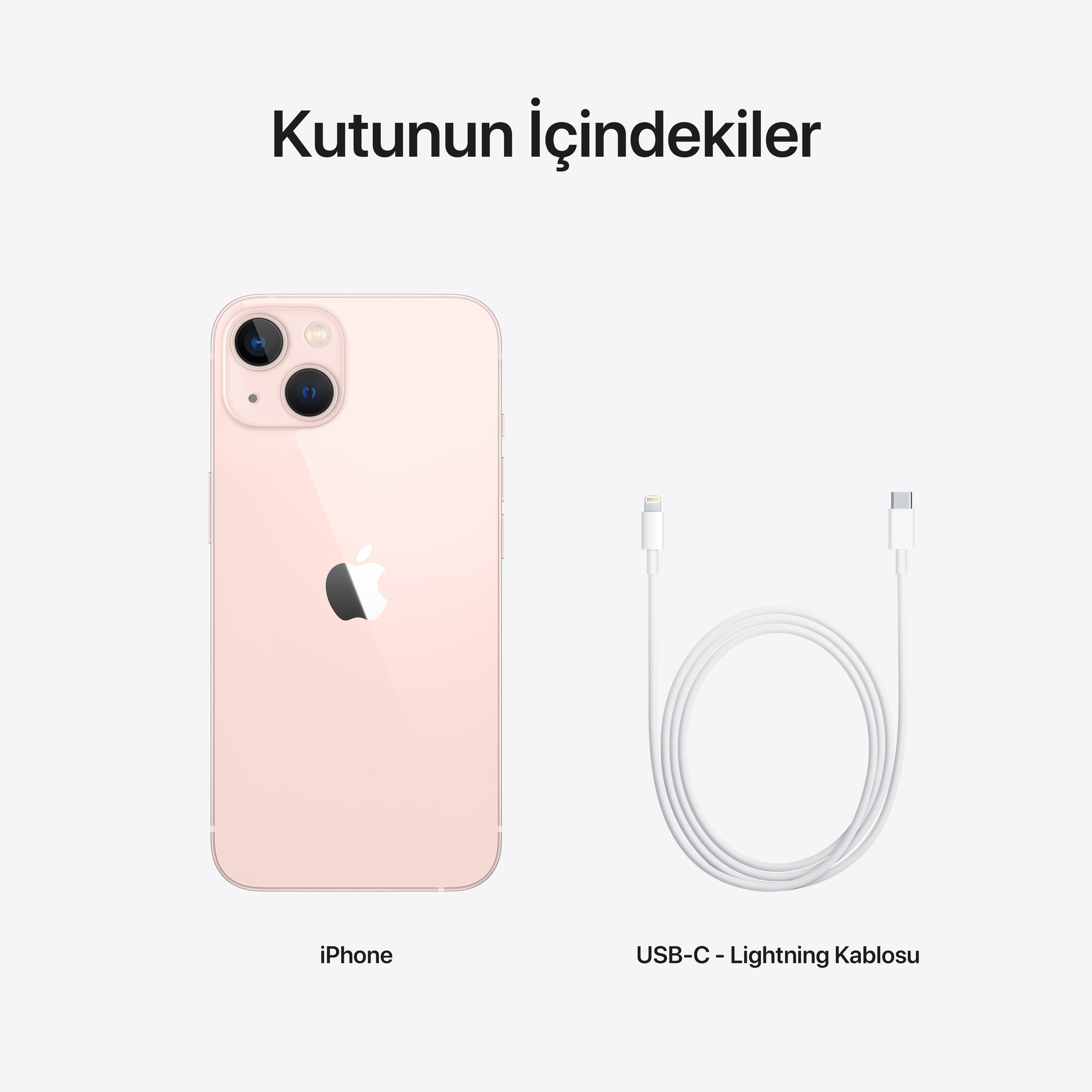 Beyaz bir yüzeyde bir iPhone ve bir şarj kablosu. Altındaki metin iPhone ve USB-C - Lightning Kablosu diyor.