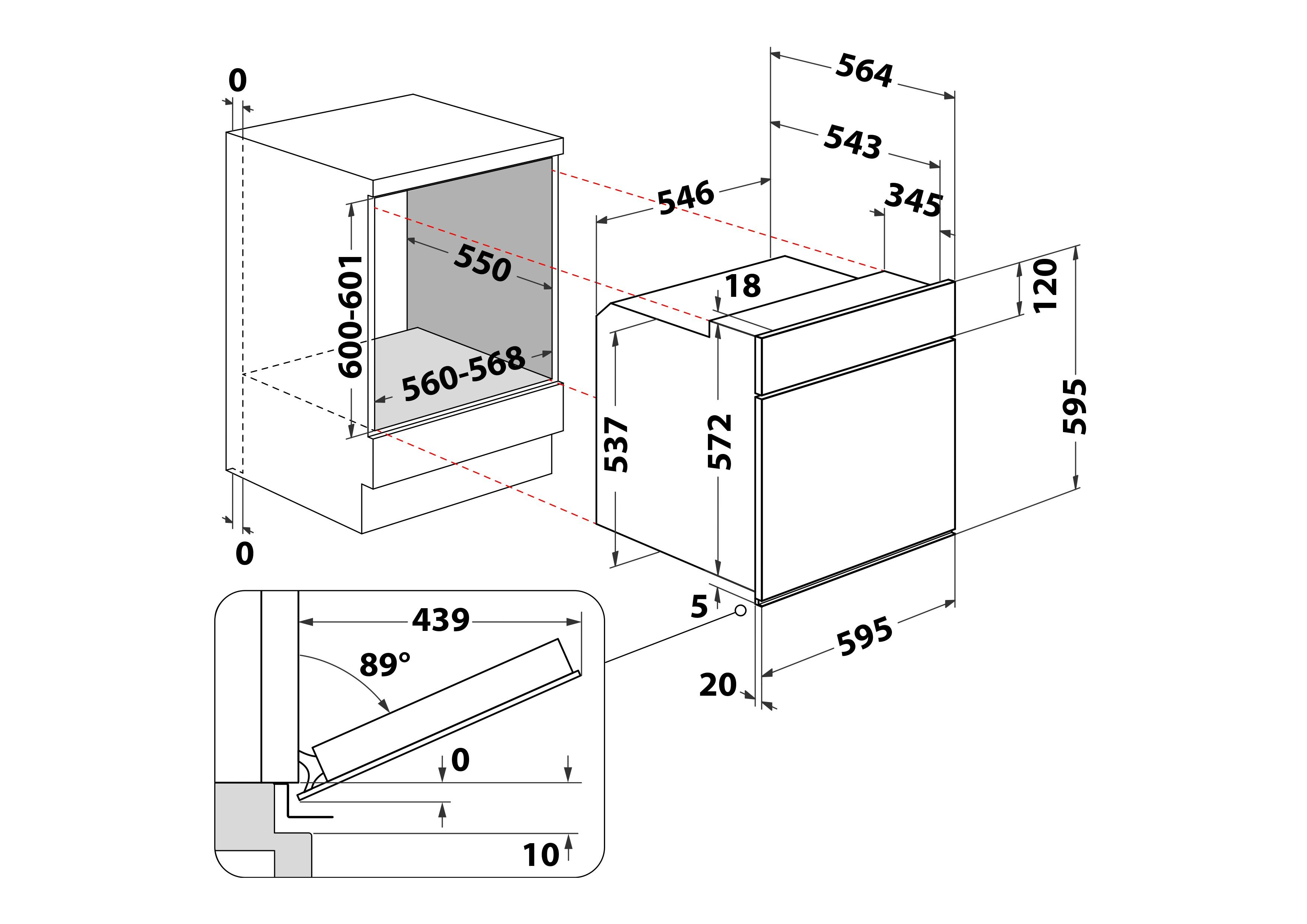 Diagramm der Einbaubackofenabmessungen mit Maßen in mm.