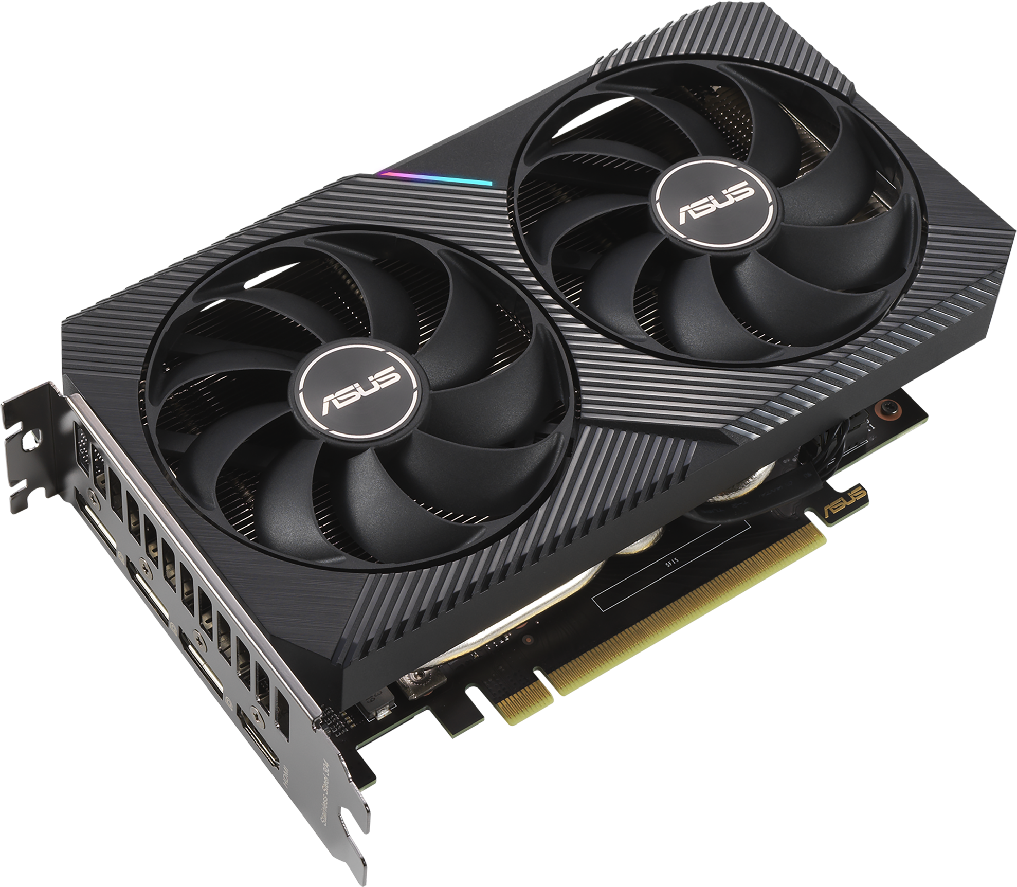 Une carte graphique ASUS noire avec deux ventilateurs. La carte a le logo ASUS et un support métallique.