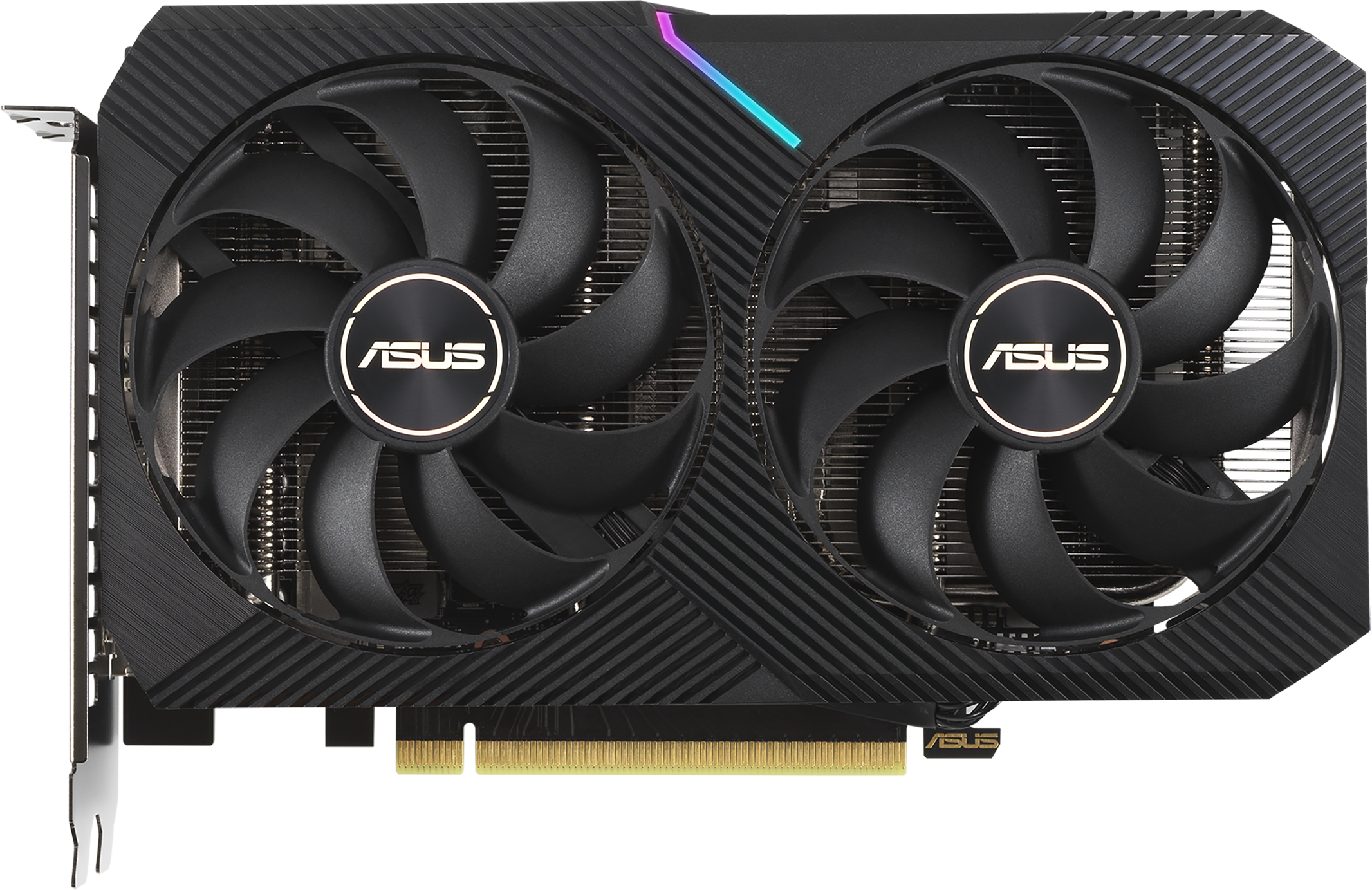 Une carte graphique ASUS noire avec deux grands ventilateurs. Les ventilateurs ont le logo ASUS au centre. La carte a un connecteur doré.