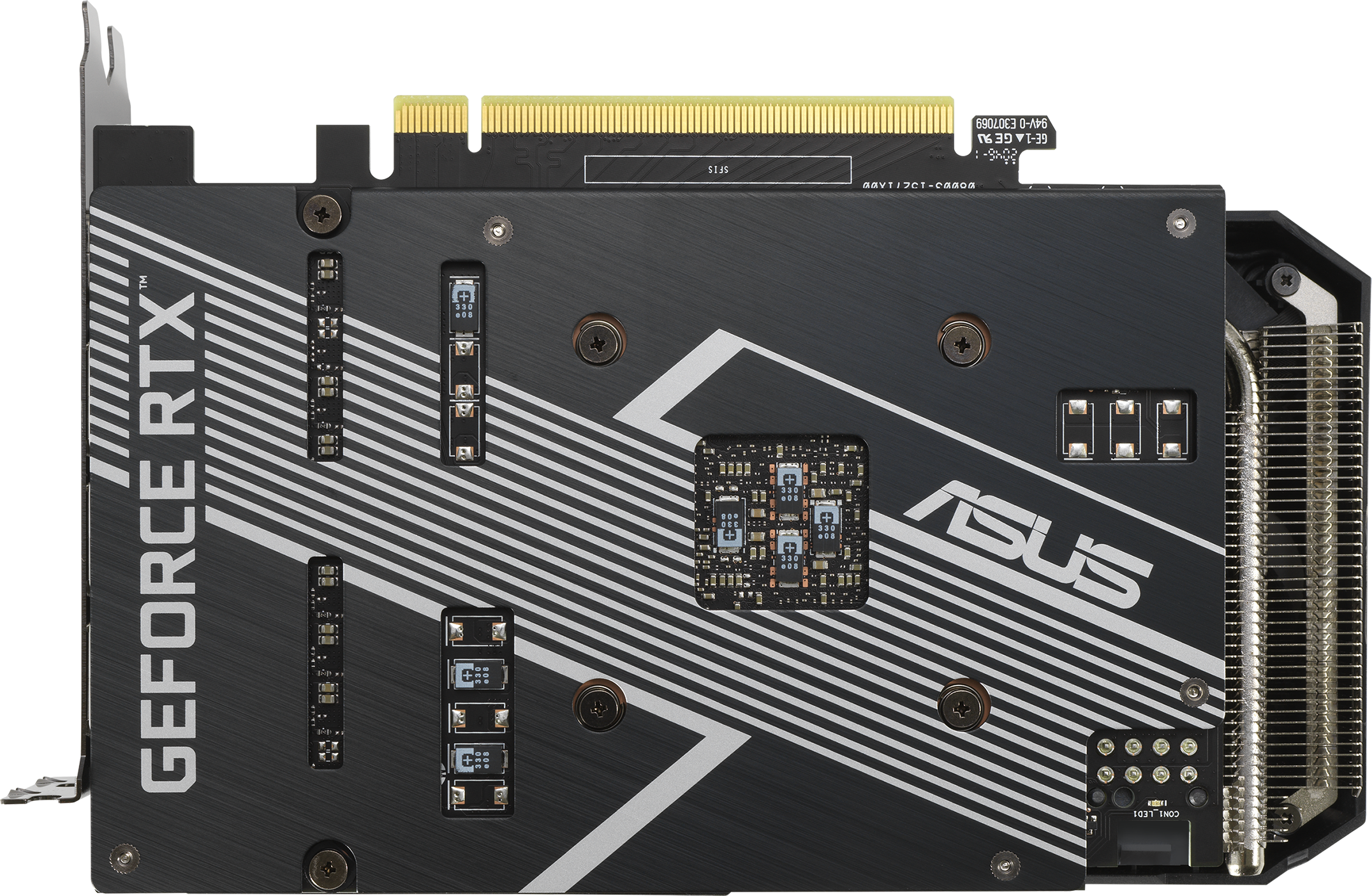 Une carte graphique ASUS GeForce RTX noire et argentée. Comprend un ventilateur, un circuit imprimé et le nom de la marque.