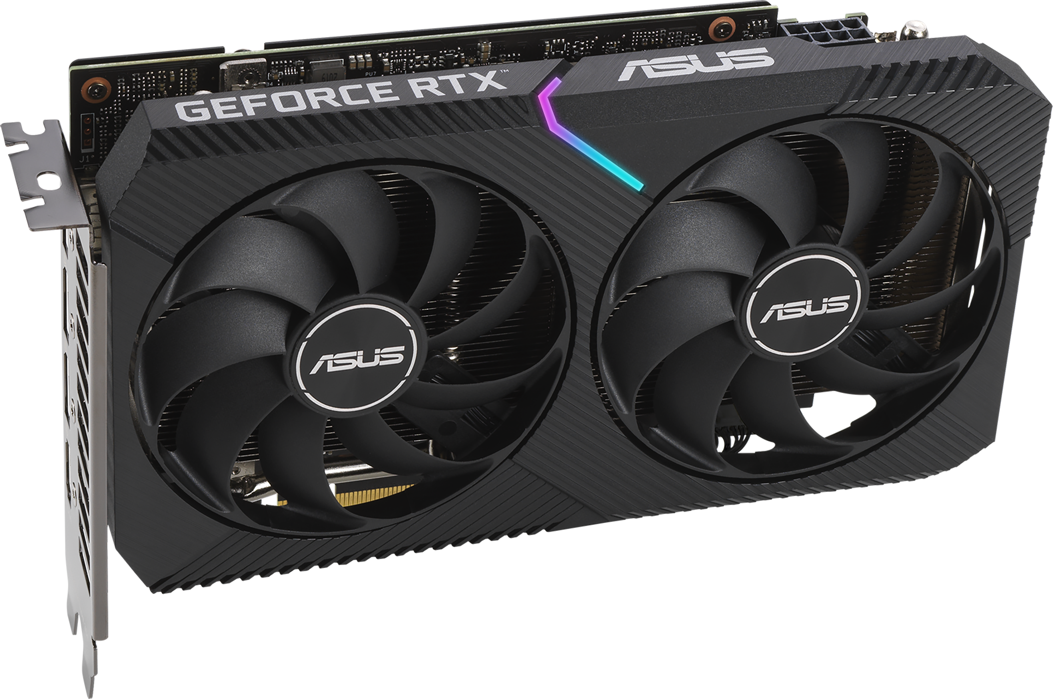 Une carte graphique ASUS GeForce RTX noire avec deux ventilateurs. La carte porte le logo ASUS et la marque GeForce RTX.