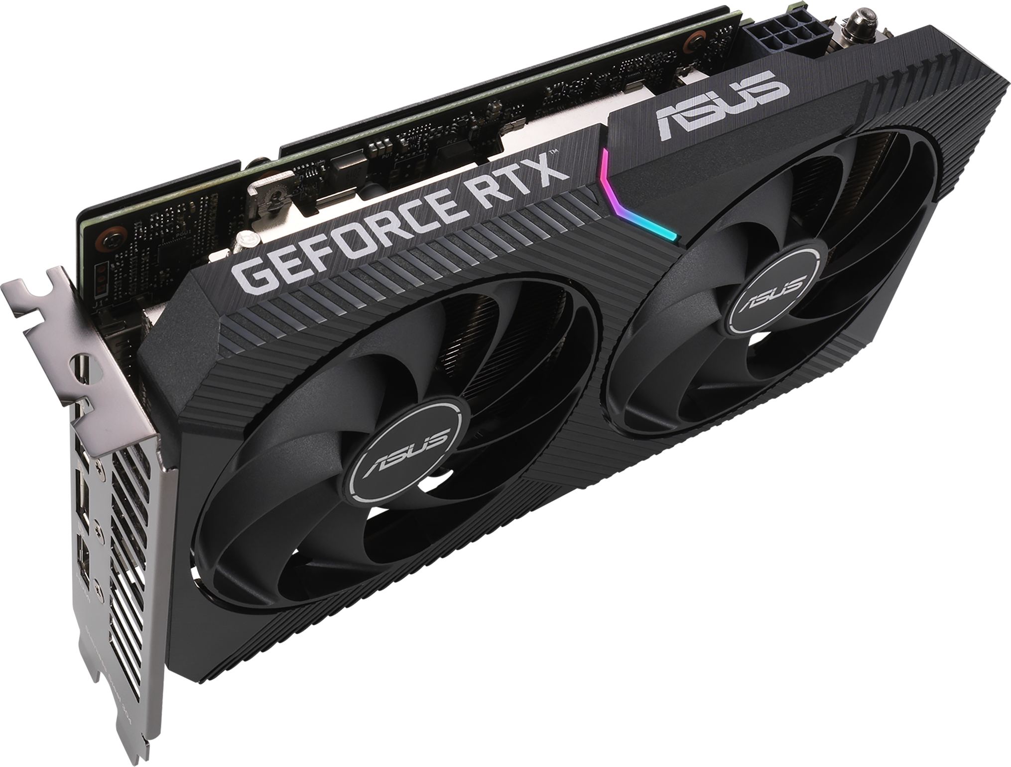 Carte graphique ASUS GeForce RTX noire avec deux ventilateurs, support argenté et texte 'GEFORCE RTX'.