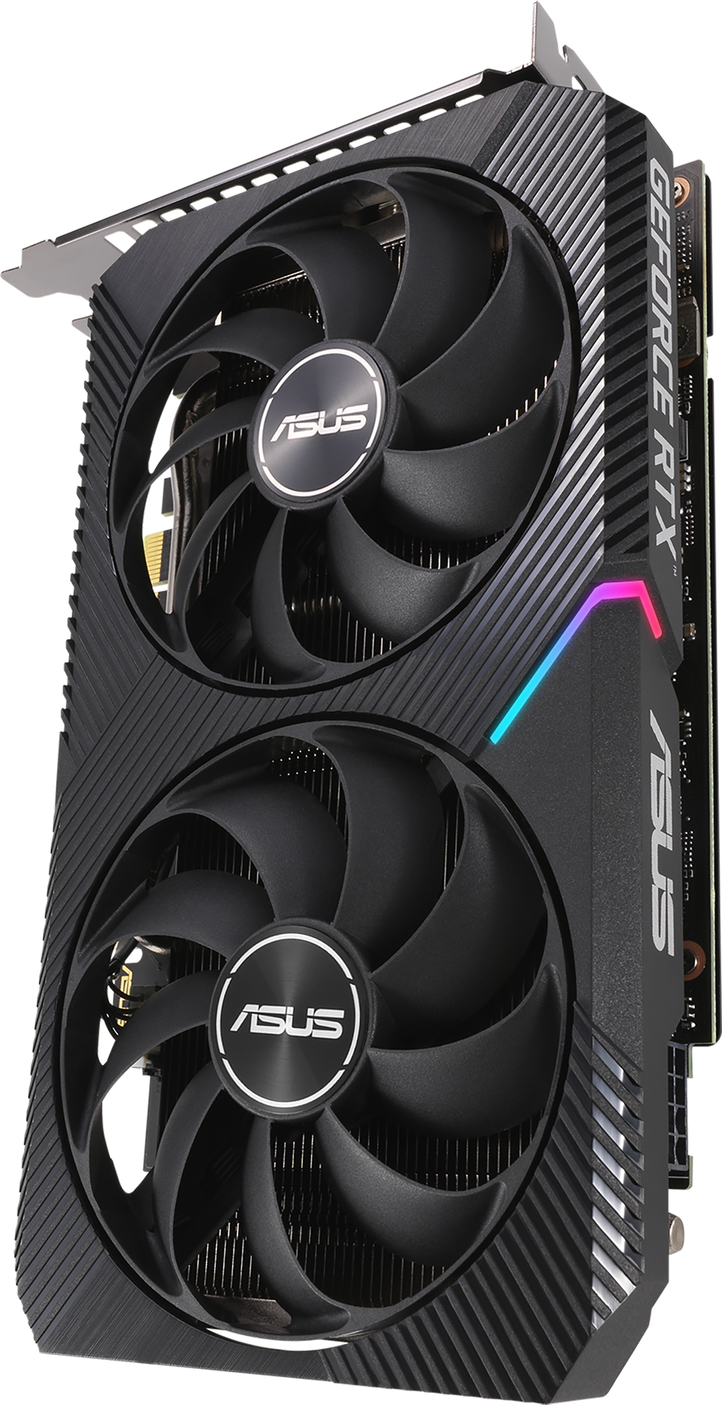 Une carte graphique ASUS noire avec deux ventilateurs. Elle possède un support métallique et le texte GeForce RTX. Les ventilateurs ont le logo ASUS.