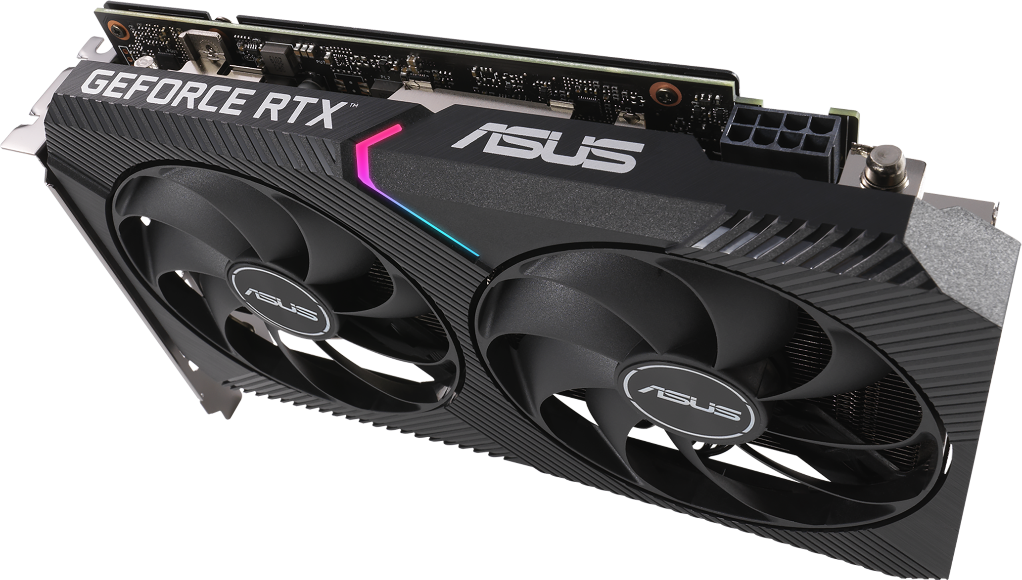 Une carte graphique ASUS GeForce RTX noire avec deux ventilateurs. La carte porte le logo ASUS et la marque RTX. Le fond est blanc.