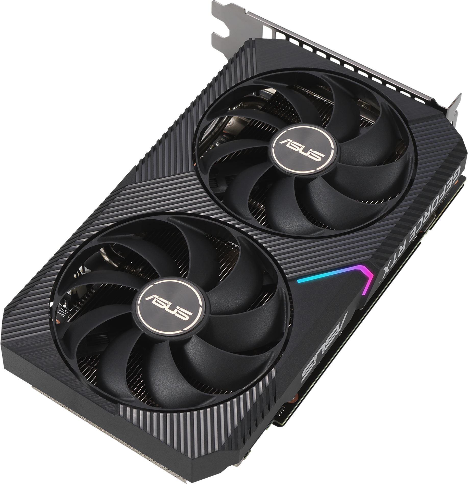 Carte graphique ASUS GeForce RTX noire avec deux ventilateurs. Le fond est un motif de lignes grises et blanches.