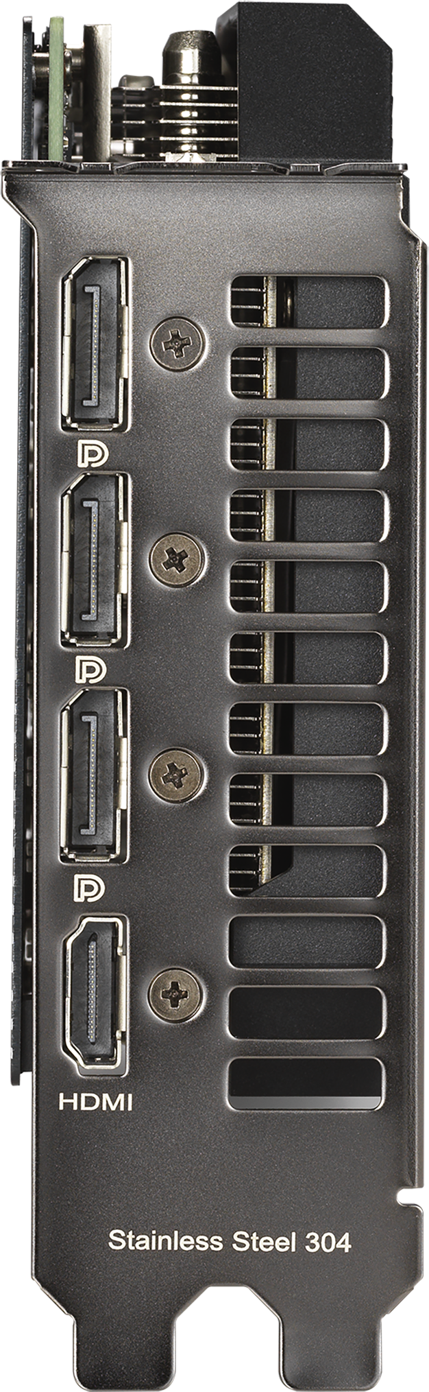 Gros plan du panneau arrière d'une carte graphique. Il comporte des ports HDMI et DisplayPort, des trous d'aération et le texte 'Stainless Steel 304'.
