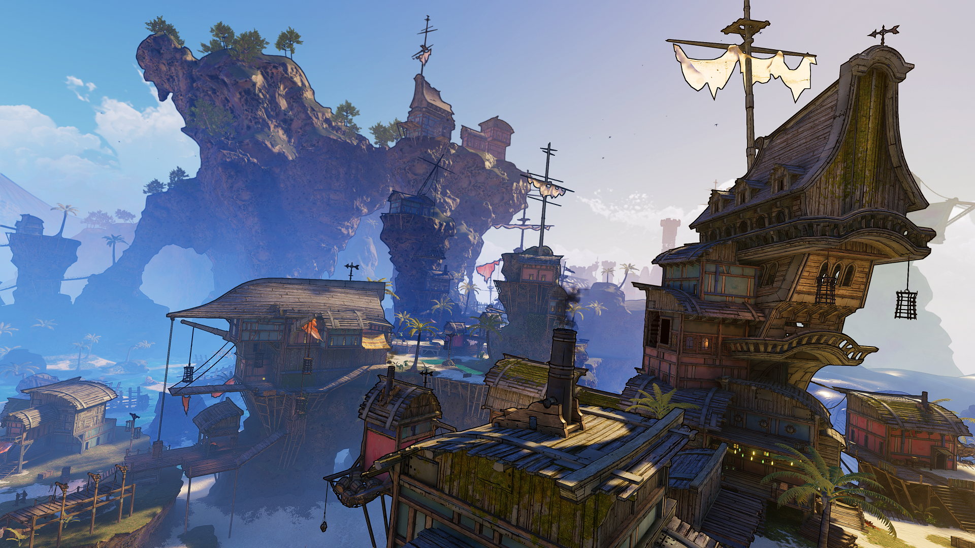 Une scène de jeu vibrante avec un bateau pirate et des îles.